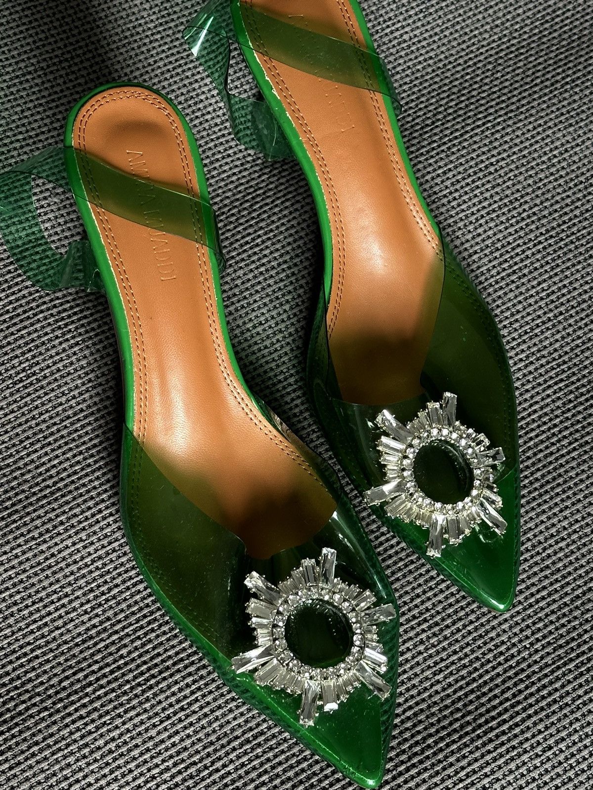 Amina Muaddi × Designer Amina Muaddi 95 Begum Glass PVC Green Clear Sling crystal 42 Size US 12 / IT 42 - 10 Thumbnail