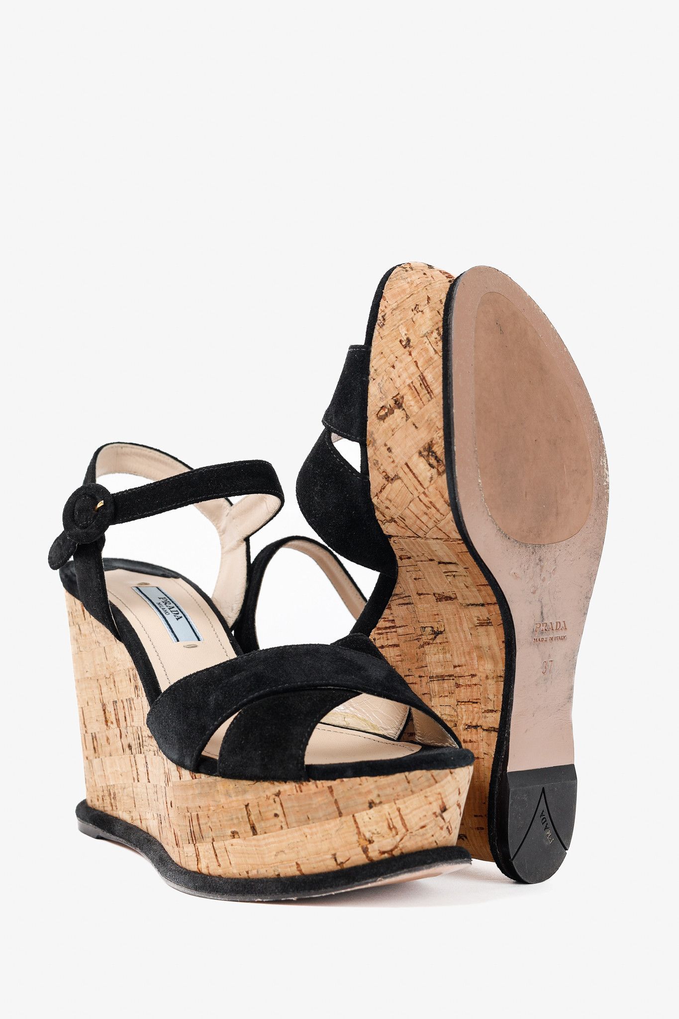 Prada Prada Nero Scamosciato Suede Cork Wedge Sandals Size US 6.5 / IT 36.5 - 4 Thumbnail