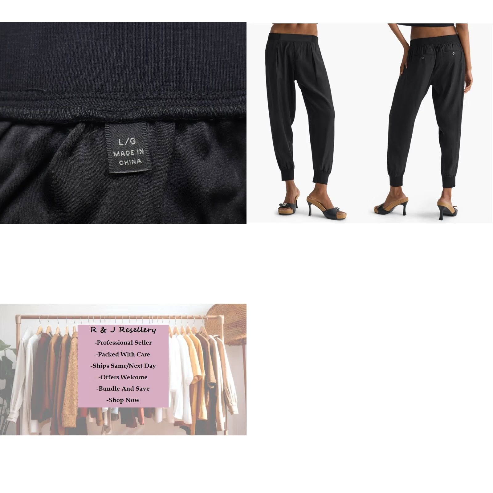 Vintage ATM Women's Silk Joggers Black L - Satin Pleated, Elastic Waist, Pockets, 28" Inseam, Tapered Leg, 100% Silk, Dry Clean Only, Vintage: No Size 36" / US 14 / IT 50 - 8 Thumbnail