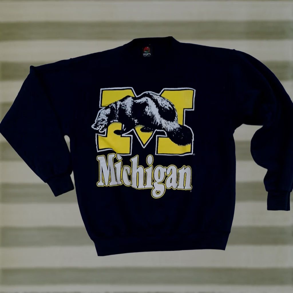 Vintage VINTAGE Michigan Wolverines Sweatshirt Unisex Adults Pullover Crew Neck Blue Cotton Canvas Logo 28in Long Size US L / EU 52-54 / 3 - 1 Thumbnail