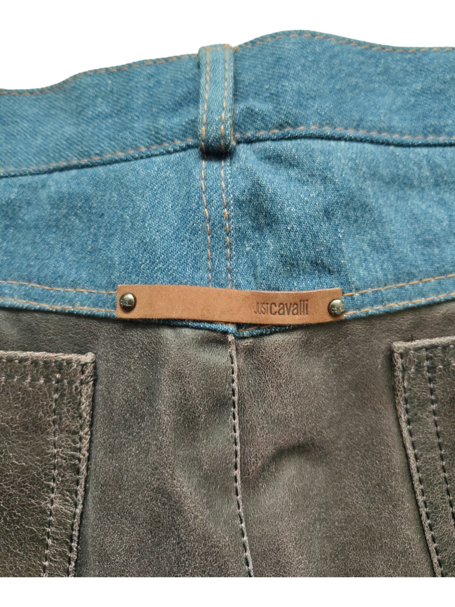 Just Cavalli Brown Leather And Denim Mixed Straight Leg Pants Size 27" / US 4 / IT 40 - 4 Thumbnail