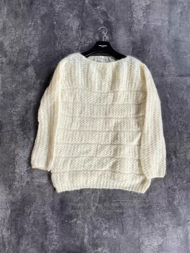 Saint Laurent Paris Saint Laurent Paris White Openwork Feather Pattern Wool Kn Size US M / EU 48-50 / 2 - 1 Thumbnail