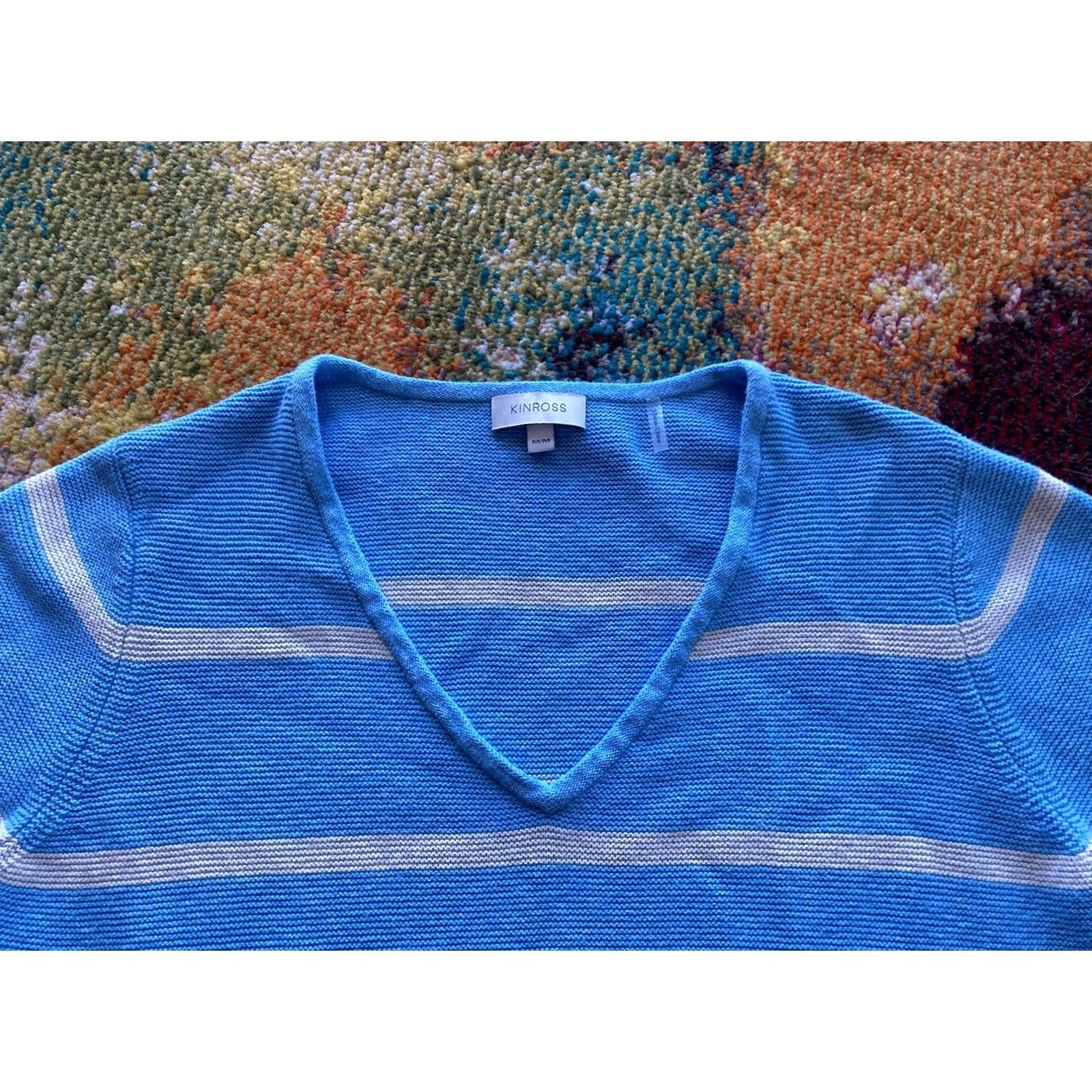 Vintage Kinross Women Sweater V-Neck Striped Light Blue Cotton Medium Pullover Knit Blue Womens M Size M / US 6-8 / IT 42-44 - 4 Thumbnail