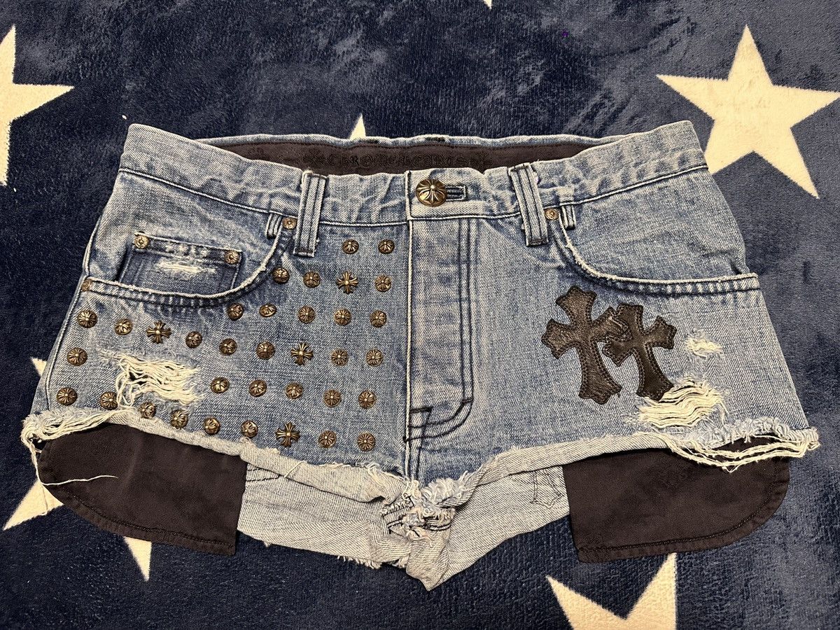 Image of Chrome Hearts Black Leather Cross & Stud Shorts Size 30 in Blue, Women's