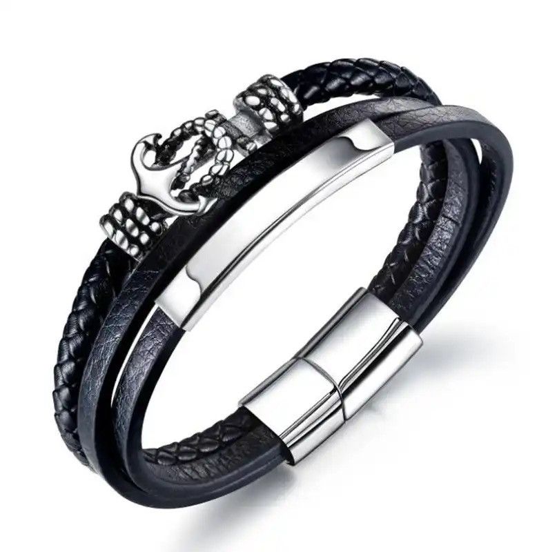 Vintage Metal Anchor Multilayer Leather Bracelet Genuine Leather Size ONE SIZE - 1 Thumbnail