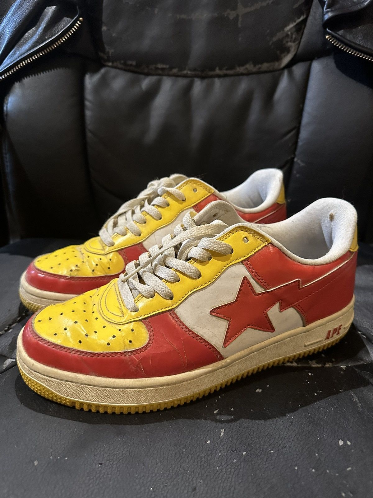 image of Vintage Nigo Bapestas Footsoldiers Red Yellow Patent Leather Shoes, Men's (Size 10)