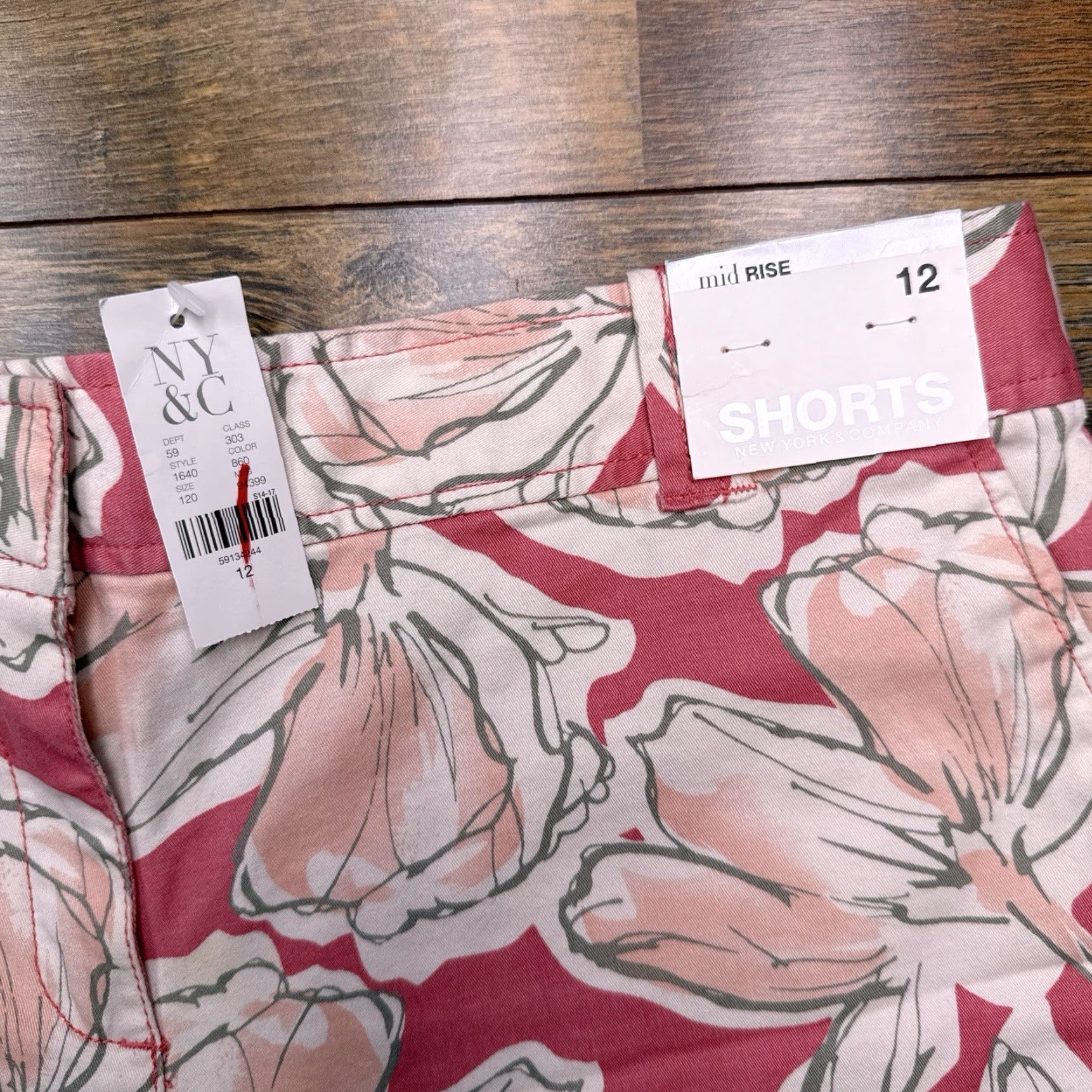 Vintage New York & Company Mid Rise Shorts 12 Pink Flowers Stretch Twill Chino Women Regular Summer Floral Casual Travel Party/Cocktail | Womens Size 34" / US 12 / IT 48 - 3 Thumbnail