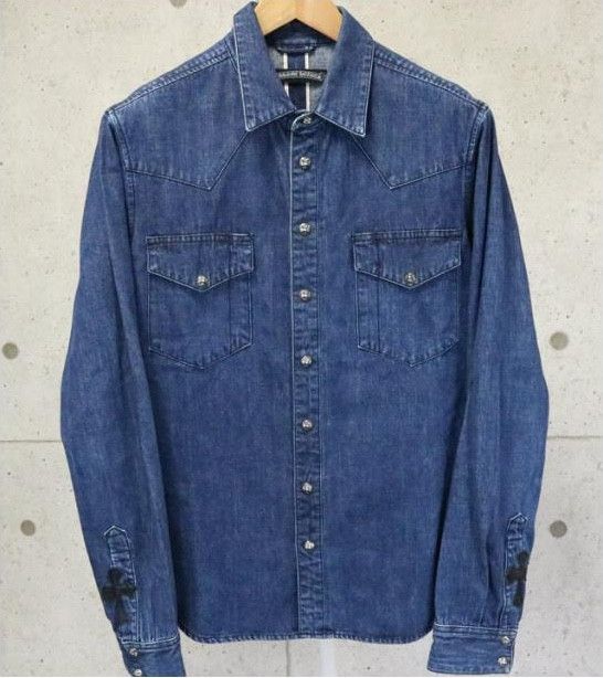 image of Chrome Hearts Western Denim Button Up in Blue, Men's (Size Large)