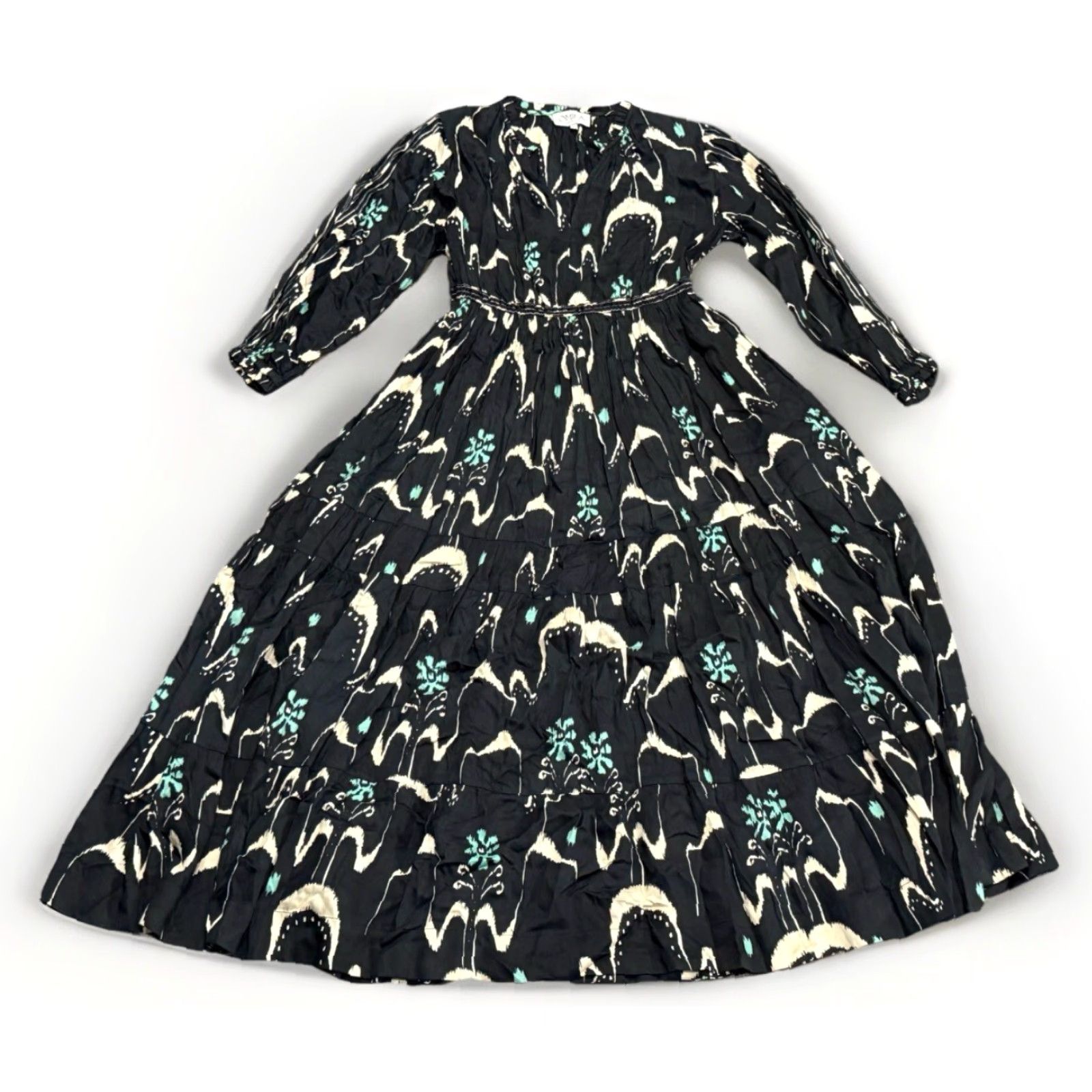 Vintage Omika Misha Midi Dress Patterned Black V-Neck Long Sleeve Hook & Eye Mod al Ruffle Casual Women Sized S EUC Size S / US 4 / IT 40 - 5 Thumbnail
