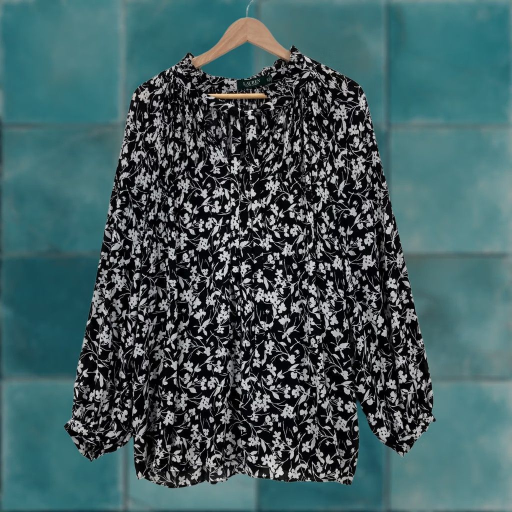 Ralph Lauren Lauren Ralph Lauren Blouse Womens 2X Black White Floral Pleated Long Sleeve Size XXL / US 16-18 / IT 52-54 - 1 Thumbnail