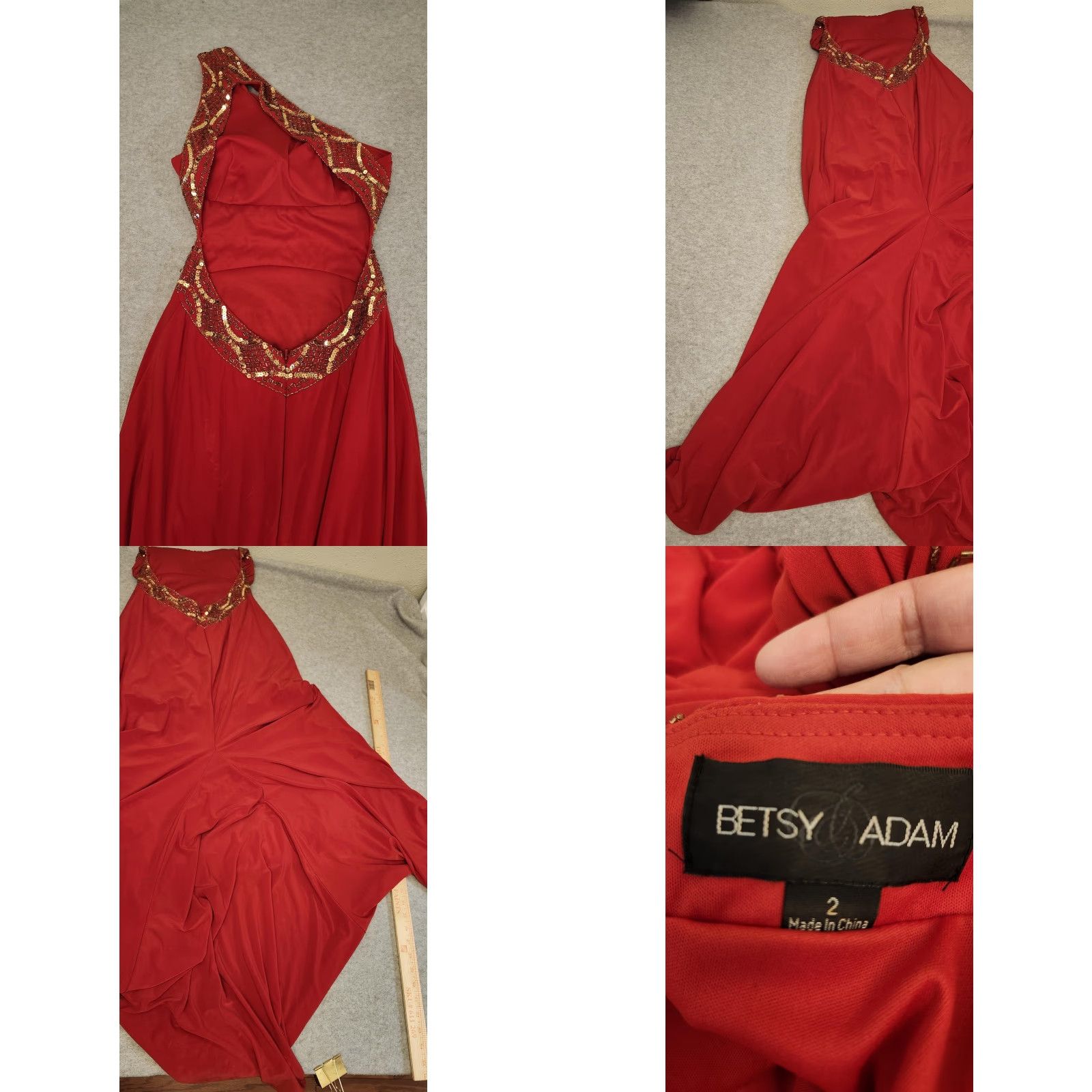 Vintage Betsy & Adam Dress Womens 2 One Shoulder Beaded Sequin Red Gown Evening Formal Maxi Long Dress Size XS / US 0-2 / IT 36-38 - 8 Thumbnail