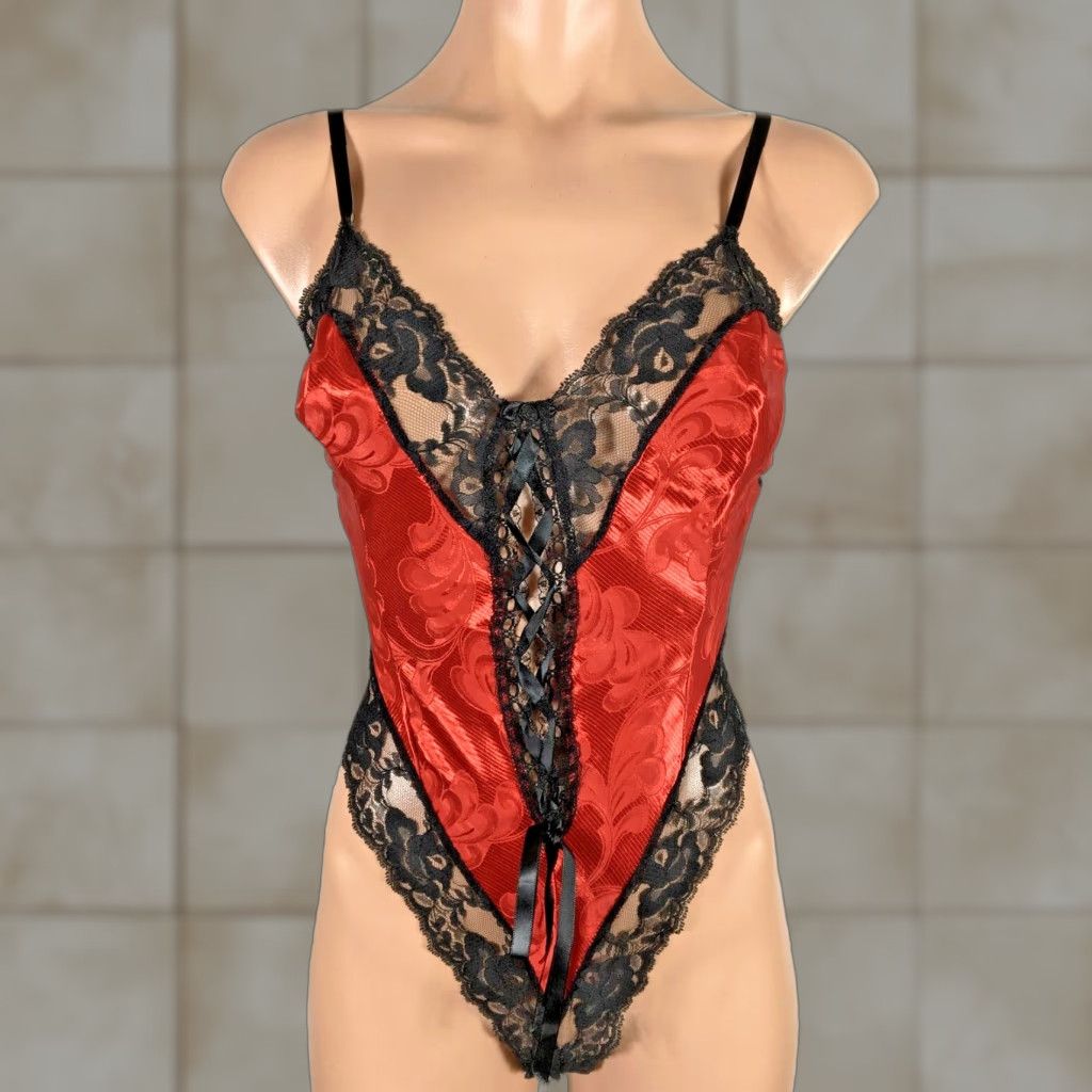 VINTAGE Intimate Moods Red Black Satin Wet Look Teddy Romper