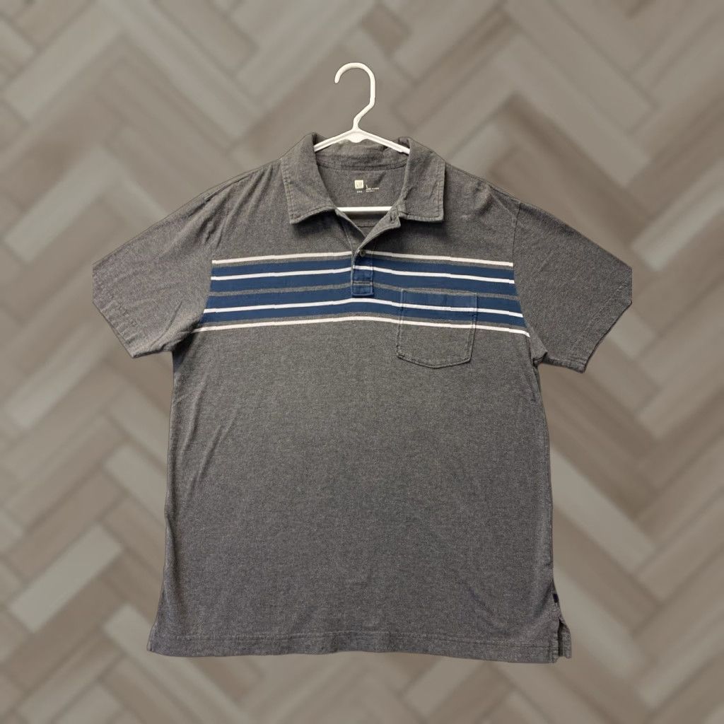 Gap GAP Polo Shirt Men L Short Sleeve Gray 100% Cotton Classic Fit Striped Golf Rugby Walking Logo Preppy Retro Size US L / EU 52-54 / 3 - 1 Thumbnail