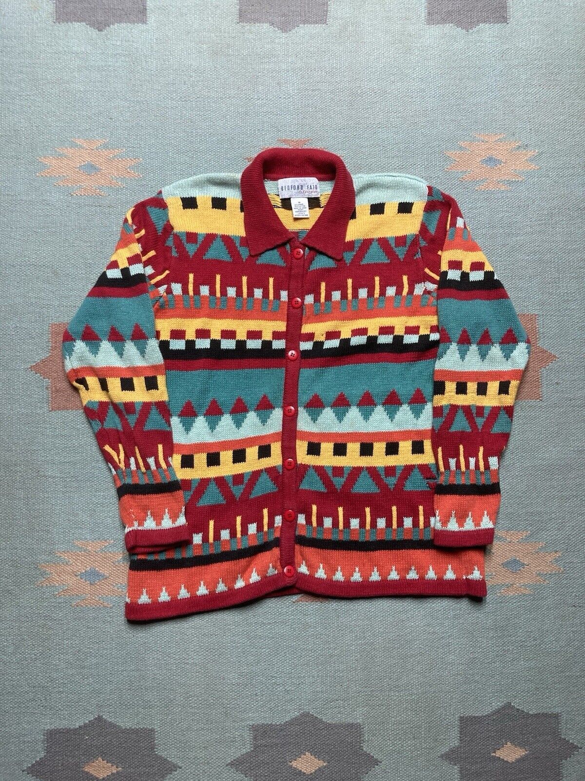 Vintage VTG knit cardigan button sweater ramie geometric diamonds M Size M / US 6-8 / IT 42-44 - 1 Thumbnail