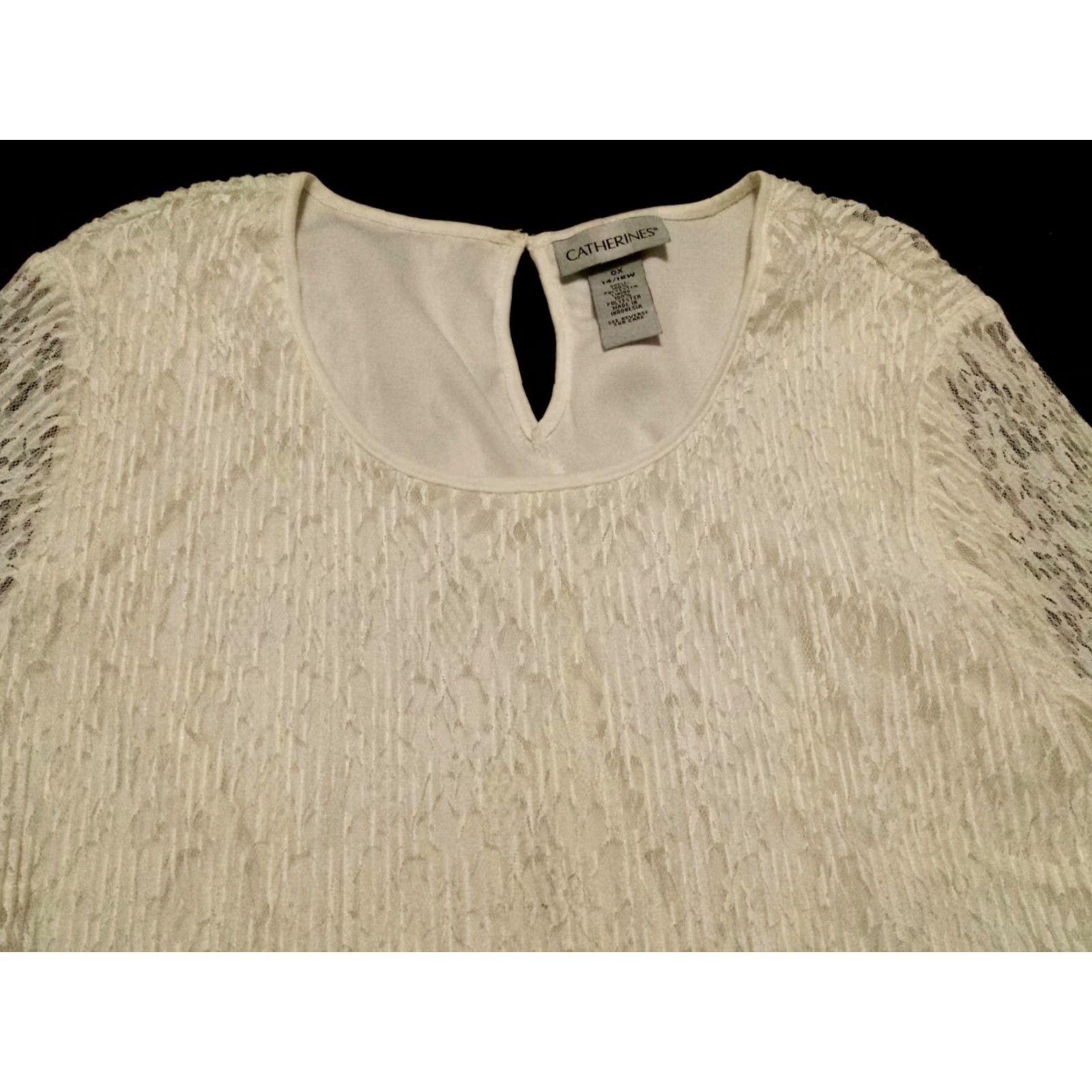 Vintage Catherines 0X Plus Shirt Long Sleeve Scoop Neck White Lace Geometric Polyester Casual Blouse Womens Size XL / US 12-14 / IT 48-50 - 2 Thumbnail
