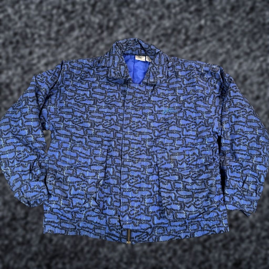 VINTAGE Rusty Jacket Mens Large Blue Nylon Puffer Animal Print Insulated Surf