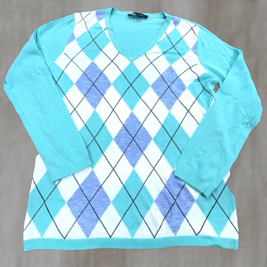 Tommy Hilfiger Tommy Hilfiger Sweater Women L Blue Teal V-Neck Knit Pullover Argyle Embroidered Logo Womens Size L / US 10 / IT 46 - 1 Thumbnail