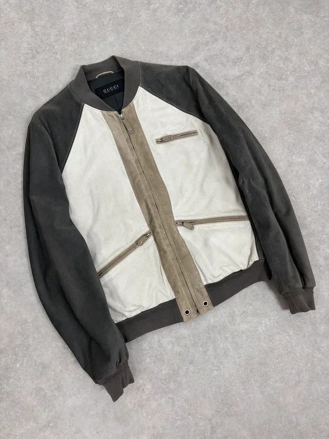 Gucci FW2005 Gucci White & Grey Suede Leather Bomber Jacket Size US M / EU 48-50 / 2 - 4 Thumbnail