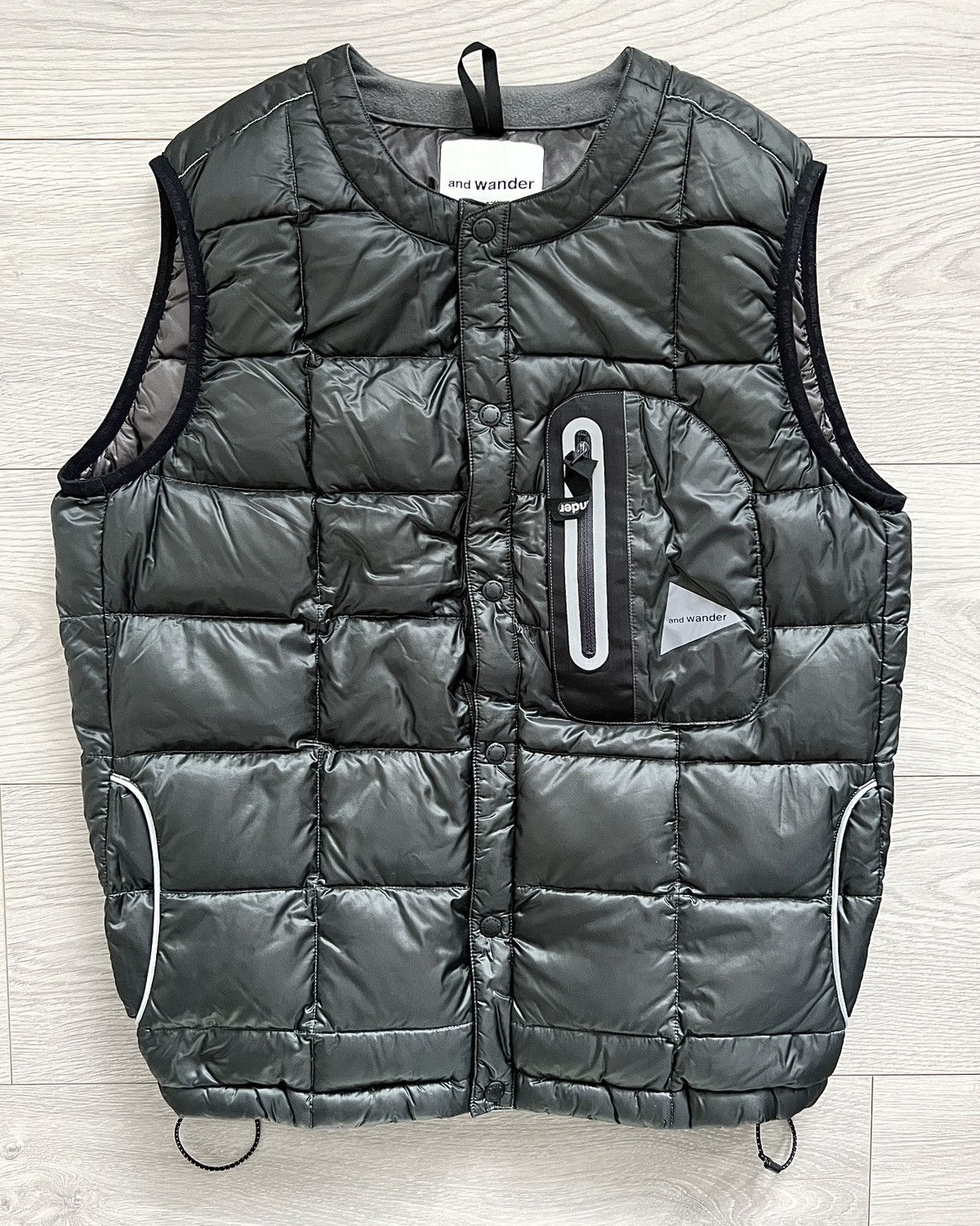 image of And Wander Pertex Quantum Square Stitch Snap Puffer Vest in Grey, Men's (Size Small)