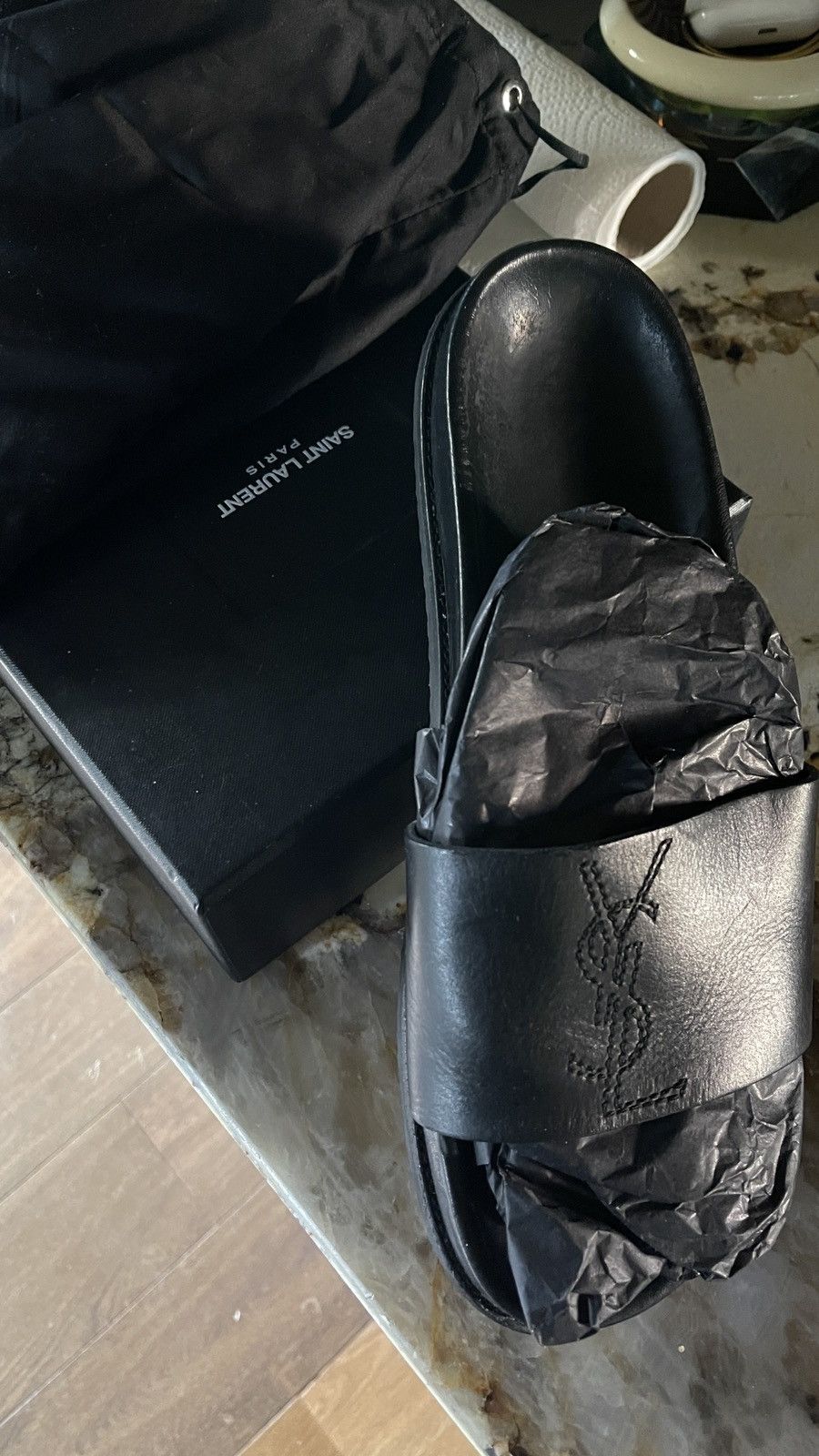 image of Leather Sandal Saint Laurent Paris Monogram in Black, Men's (Size 10)