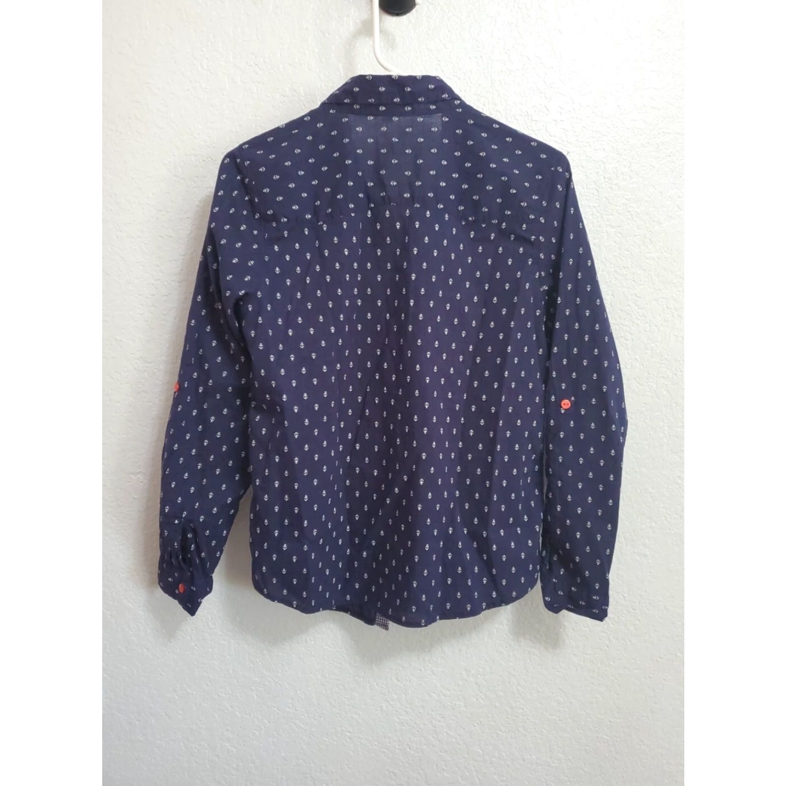 Vintage Eden & Olivia Button-Up Shirt Women PM Navy Blue Anchors Roll Tab Sleeve Casual Basic 100% Cotton Buttons Red Navy Nautical Size M / US 6-8 / IT 42-44 - 2 Thumbnail