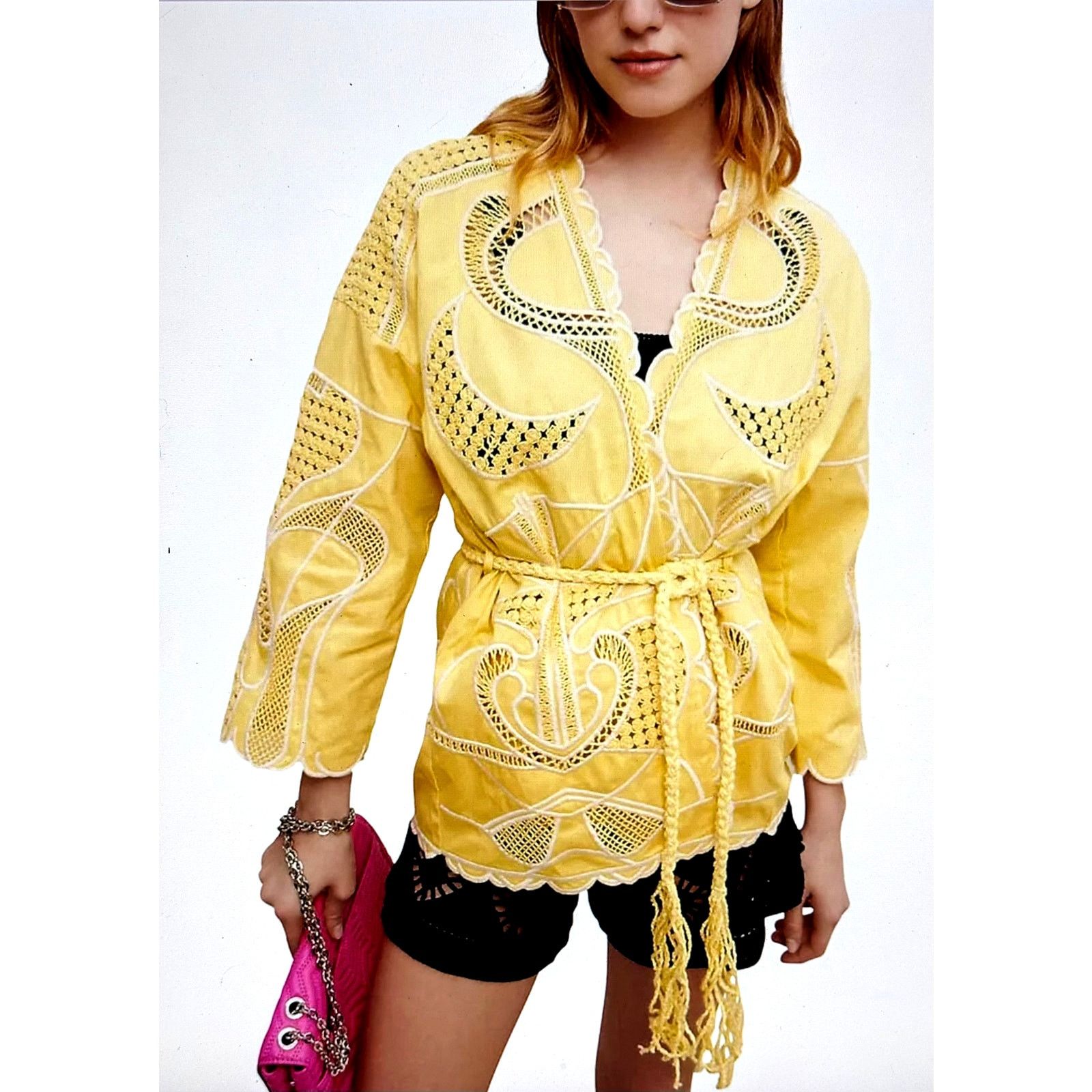 Maje Maje Crochet-Panel Cotton Jacket Belt Yellow size 40 (L) Size L / US 10 / IT 46 - 2 Thumbnail