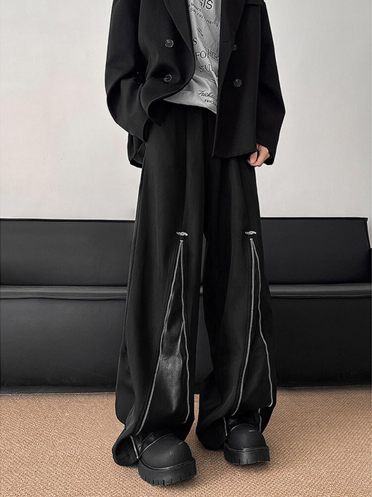 Leather Black Wide-Leg Pants with Leather Accents Size US 32 / EU 48 - 3 Thumbnail