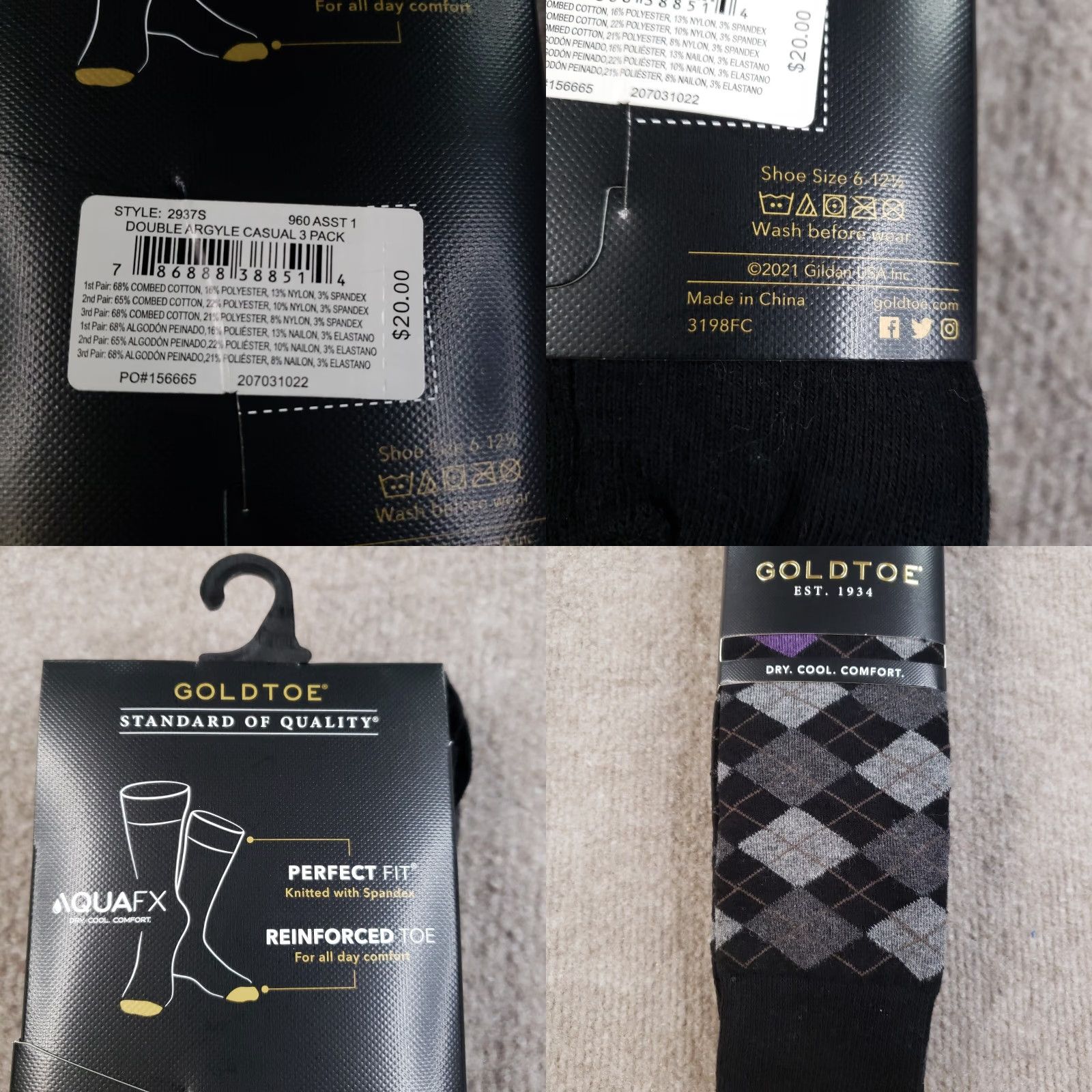 Vintage GOLD TOE AquaFX Double Argyle Crew Socks Mens 6-12.5 Black Gray 3 Pairs - 3 Pack, Classic Argyle, Cotton Blend, Crew Length, Full Toe, Men Size ONE SIZE - 8 Thumbnail