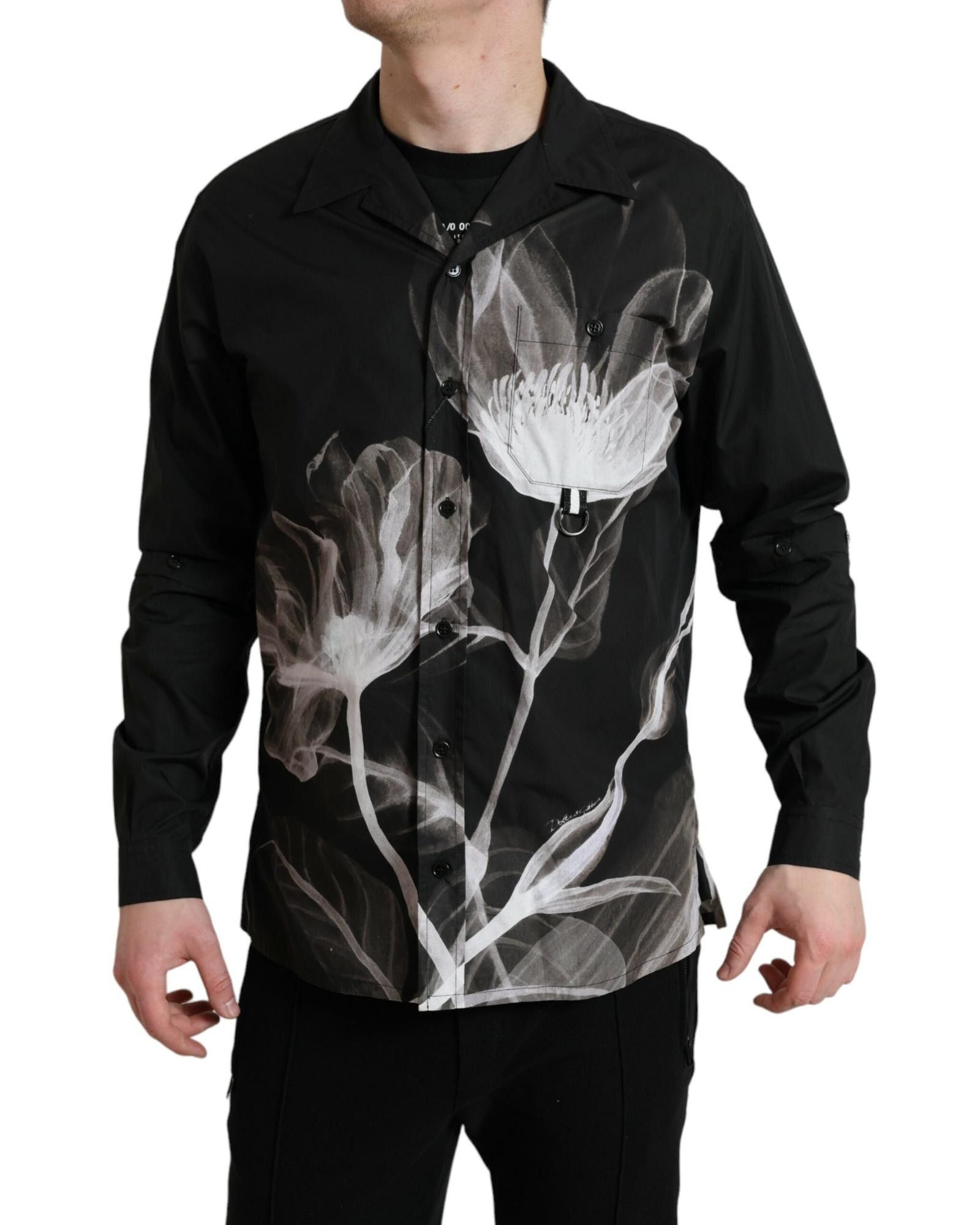 image of Dolce Gabbana Floral Cotton Collared Long Sleeves Shirt in Black, Men's (Size Medium)