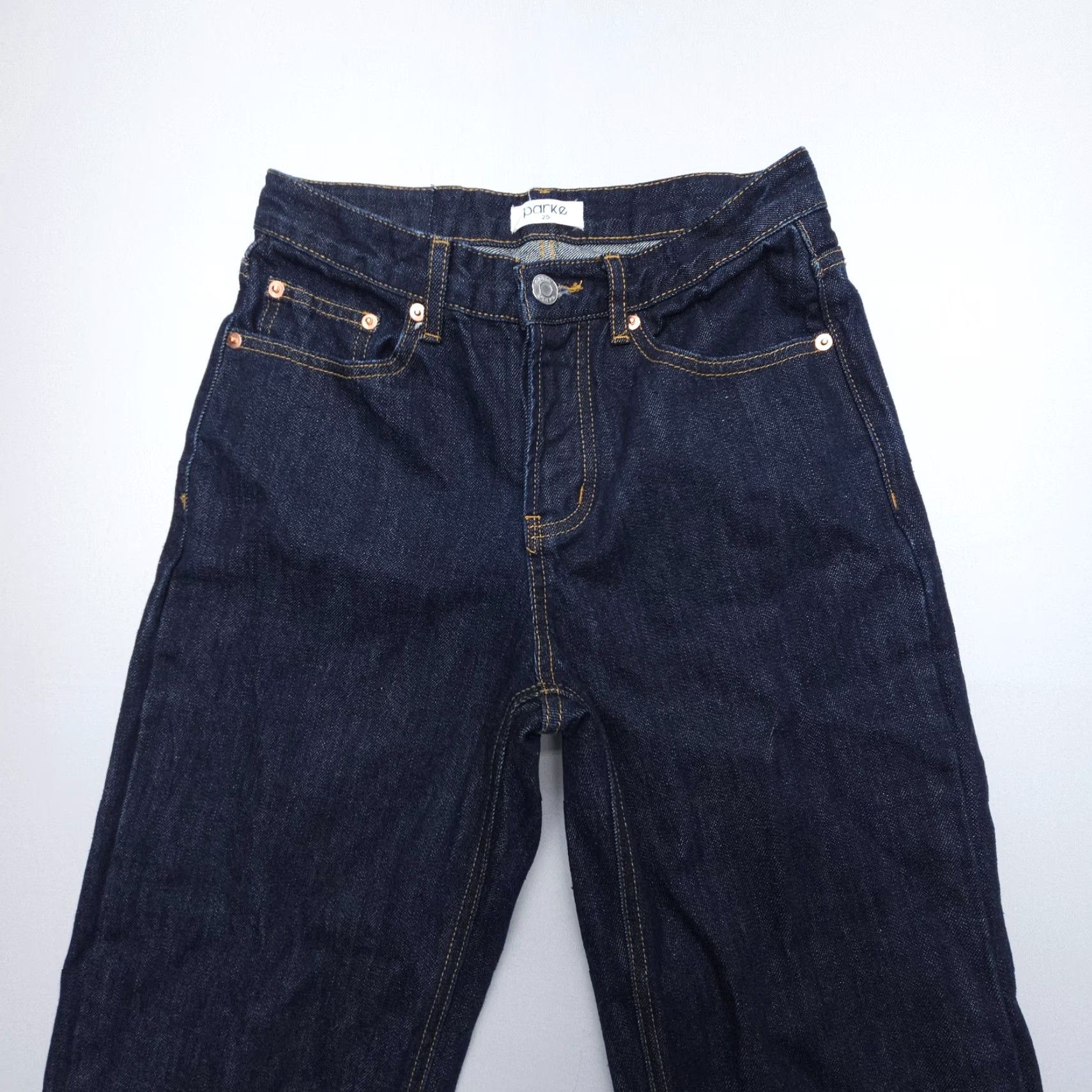 Parker Parke Jeans Womens 25 Straight High Rise Button Fly Inseam 30" Dark Wash Blue 5-Pocket Denim Cotton Regular Casual Summer Winter Size 42" / US 20 - 6 Thumbnail