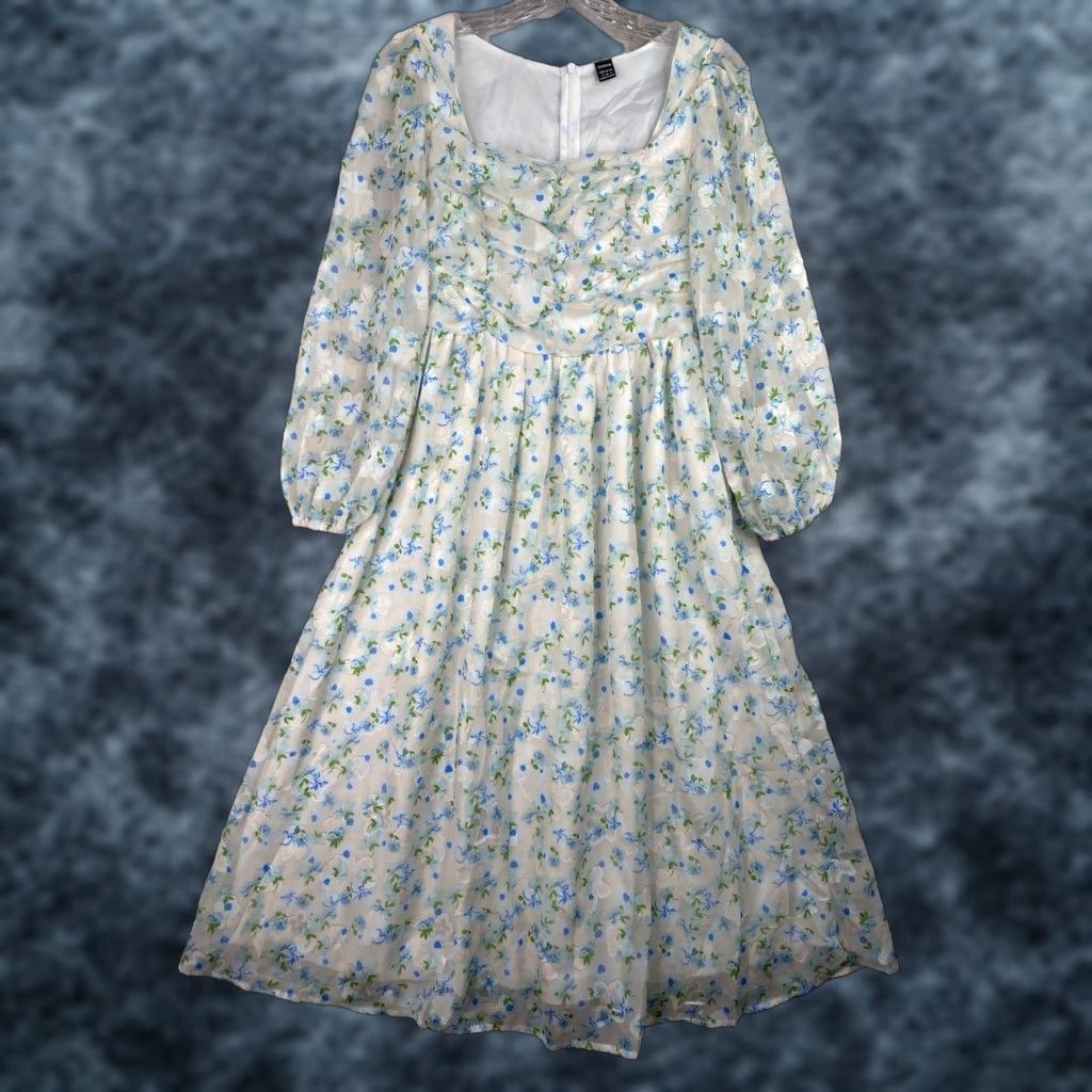 Shein VINTAGE SheIn Dress S Floral Prairie Cottagecore Ruched Bodice Flowy Midi Sheer Overlay Size S / US 4 / IT 40 - 1 Thumbnail