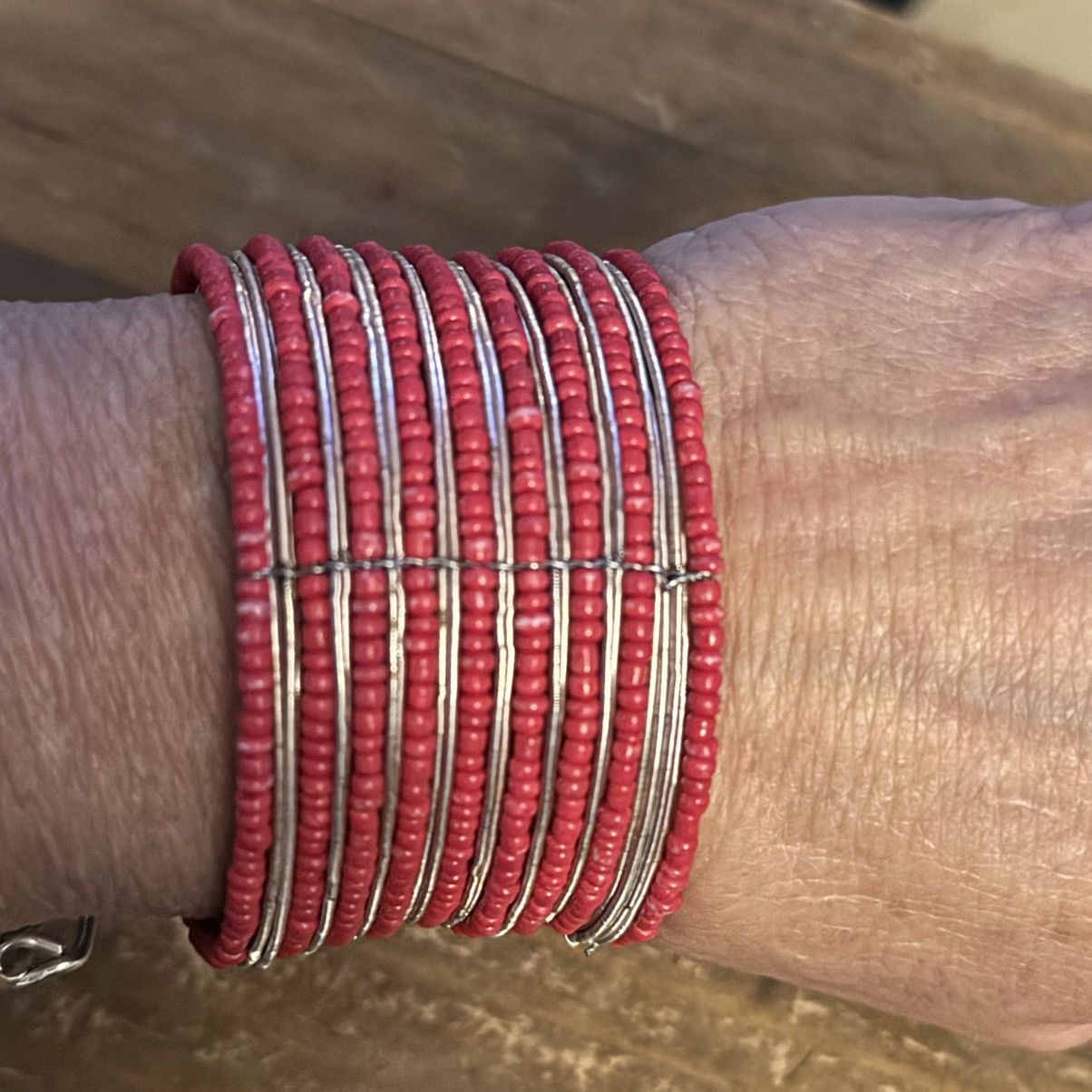 Other Red and silver beaded wide cuff bracelet Size ONE SIZE - 2 Thumbnail