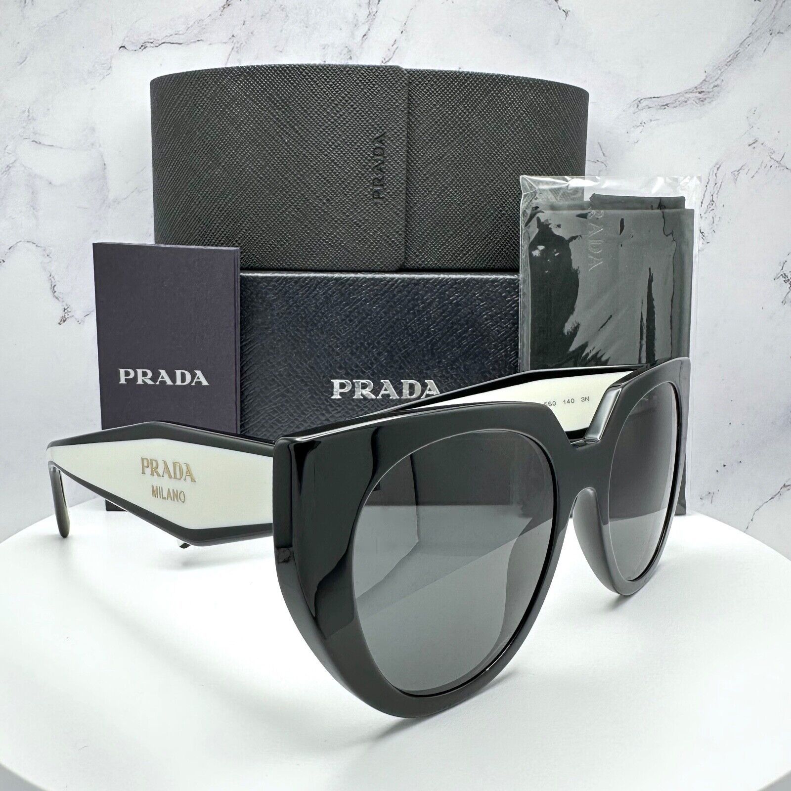 New PRADA Sunglasses Symbole Black White Gold Metallic Logo