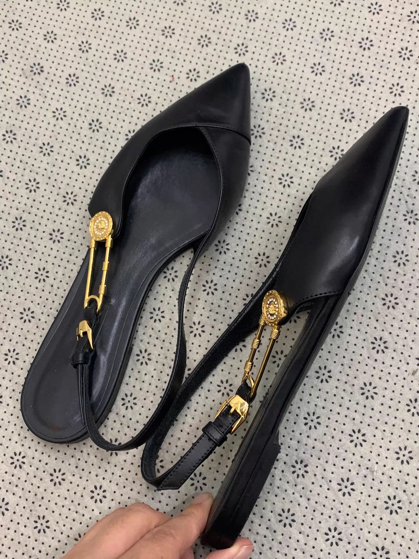 Versace Versace Black Pointed Toe Flat w/ Gold Pin 37 New Size US 6.5 / IT 36.5 - 3 Thumbnail