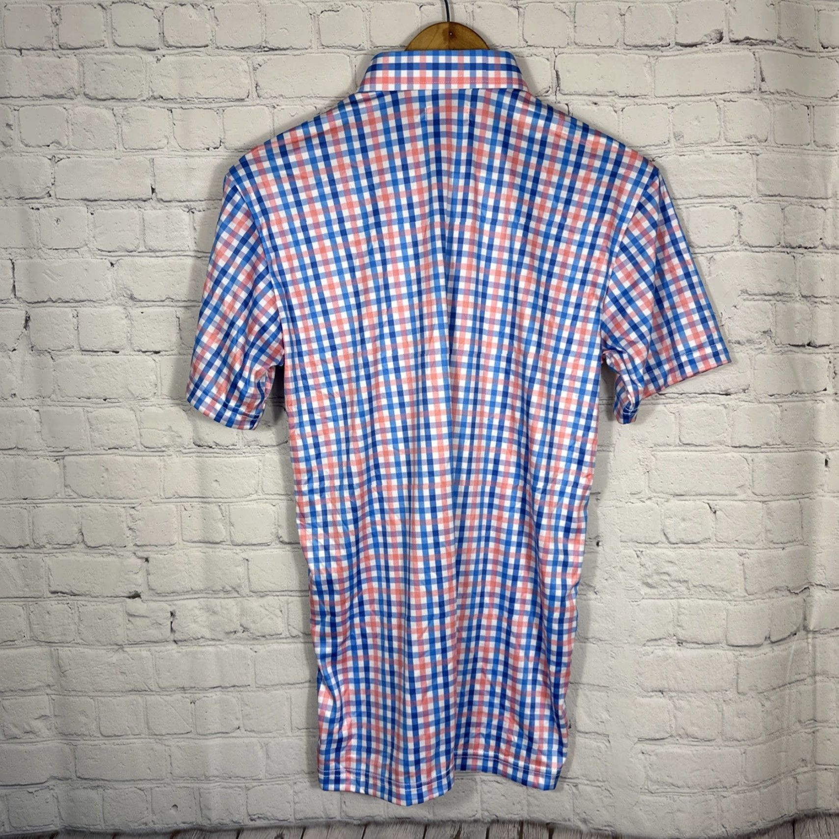 Vintage Collars & Co Dress Polo Shirt Gingham Short Sleeve Blue Pink Small Men Regular Size 36R - 4 Thumbnail