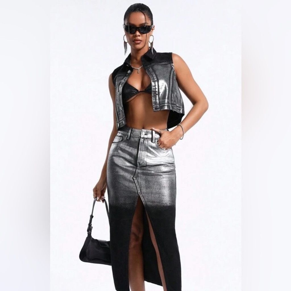 Other Cropped Denim Vest Jacket in Black & Silver Size (8/10) L Size M / US 6-8 / IT 42-44 - 2 Thumbnail