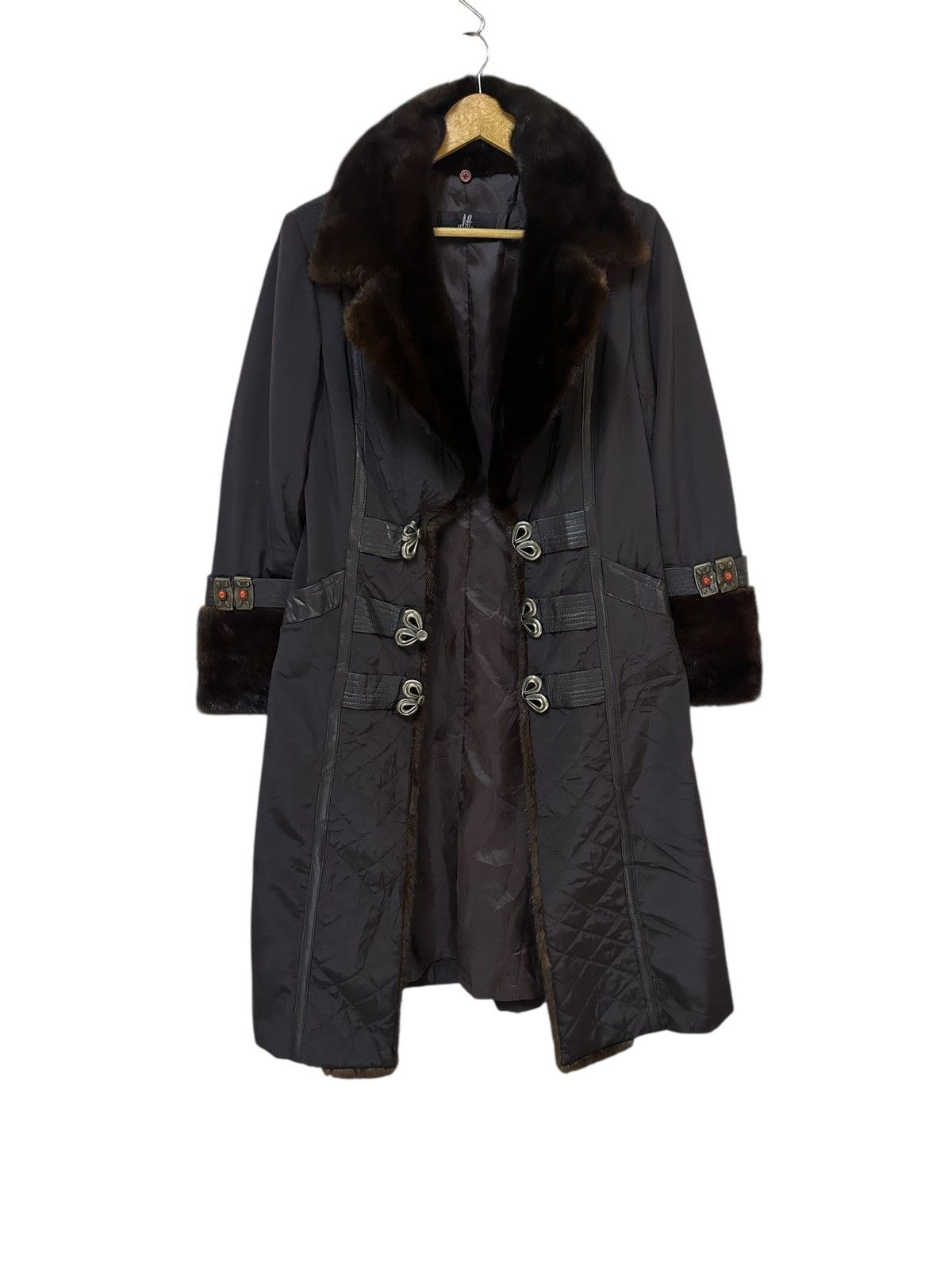 Vintage Quilted Long Coat Fur Trim Collar Cuffs Winter Coat