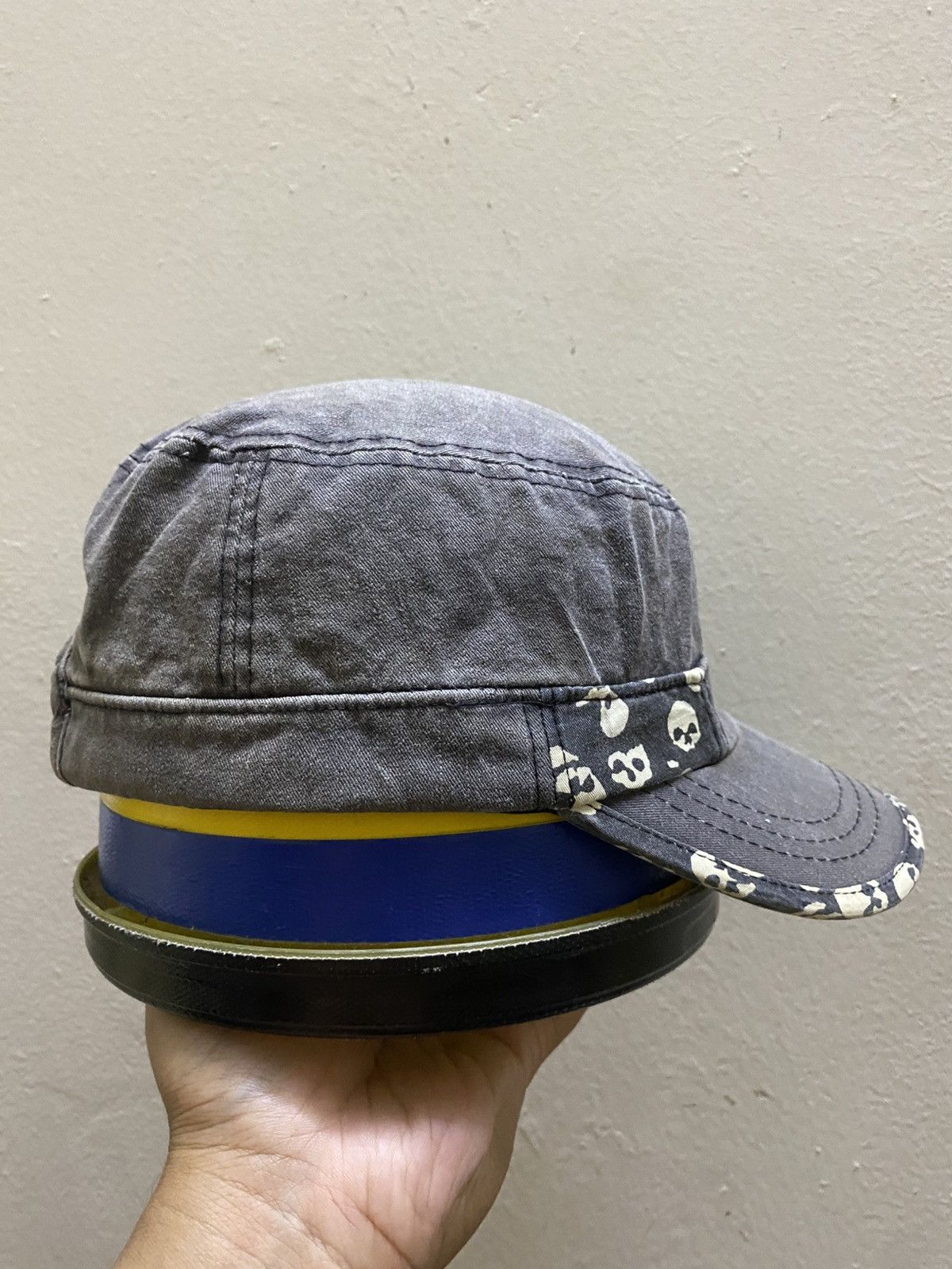 If Six Was Nine Y2K Sun Faded Grey Military Cadet Cap with Skull Print Trim Size ONE SIZE - 2 Thumbnail