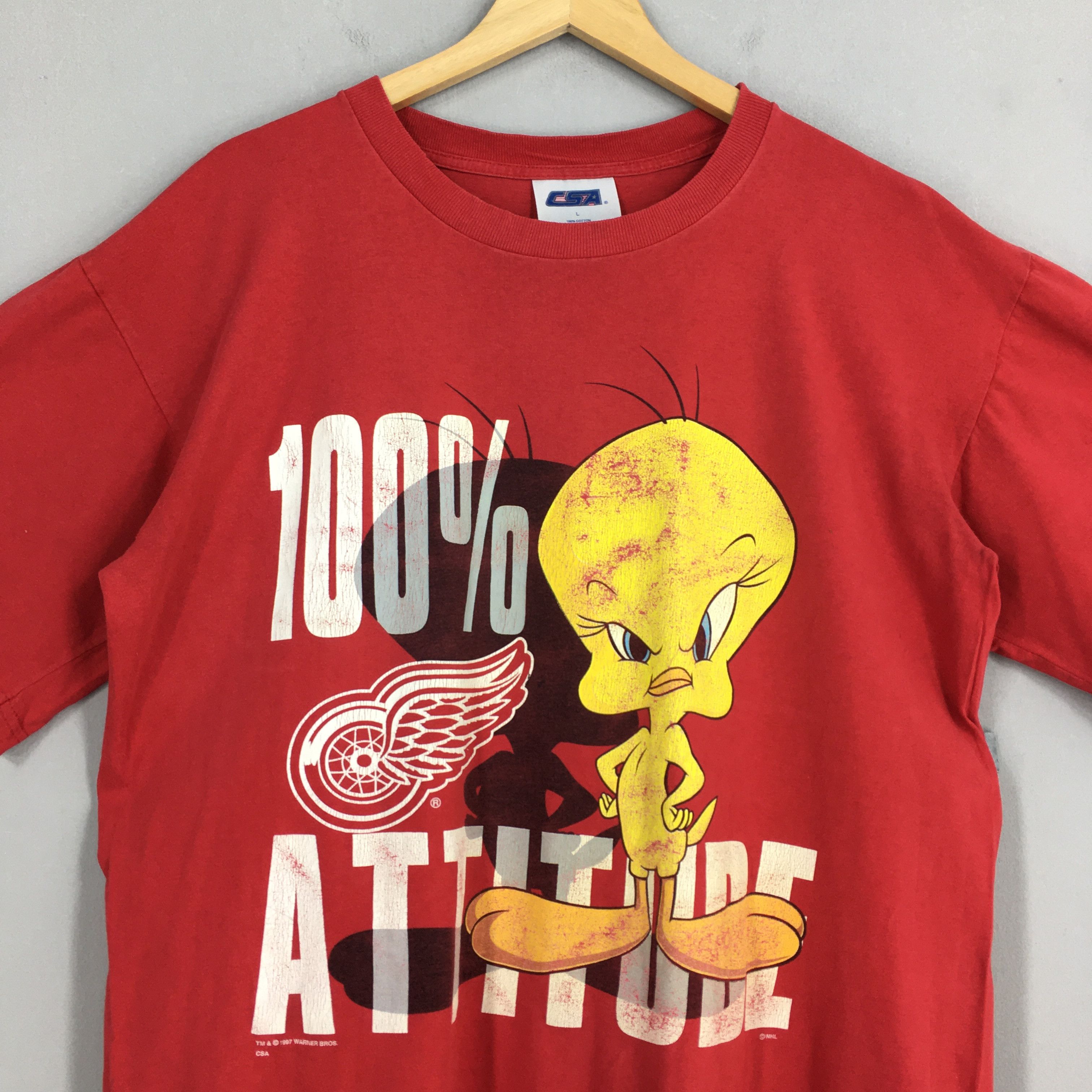 NHL × Warner Bros Vintage 90's Detroit Red Wings Tweety Nhl Red T shirt L Size US L / EU 52-54 / 3 - 2 Thumbnail