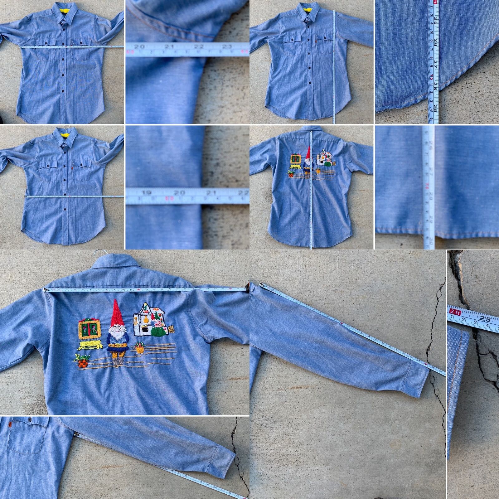 Vintage VINTAGE Levi’s Chambray Shirt Embroidered Gnome Gnomes Western Work Orange Tab L Shirt Men’s 1970s Blue PolyCotton Long Sleeve Slim Fit Casual Mens Size US L / EU 52-54 / 3 - 8 Thumbnail