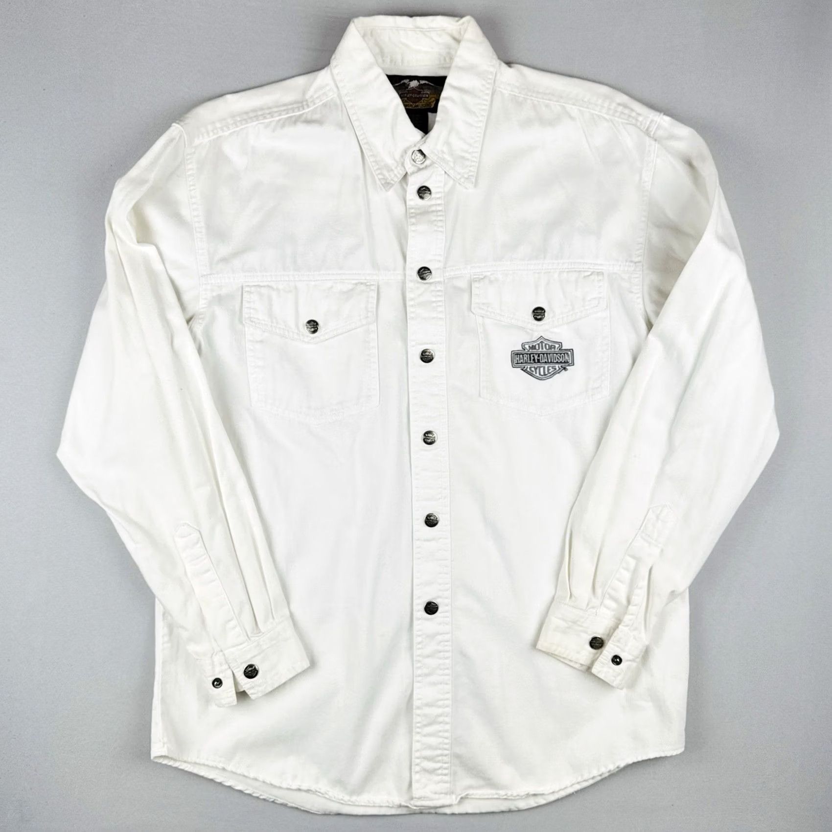 Harley Davidson Harley-Davidson Shirt Western Mens S White Cotton Canvas Snap Button Button-Up Workwear Long Sleeve Size US S / EU 44-46 / 1 - 2 Thumbnail