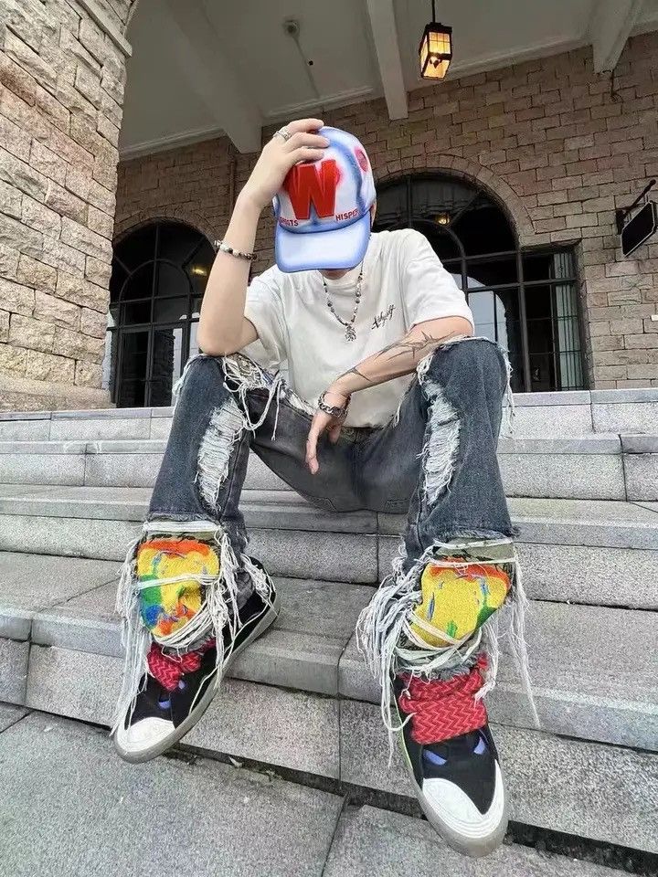 Japanese Brand × Vintage Frayed embroidered loose straight ripped jeans pants y2k Size US 32 / EU 48 - 5 Thumbnail