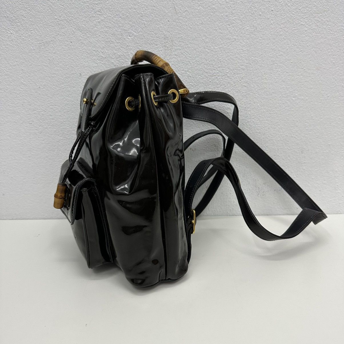 Vintage ‼️YES‼️ AUTHENTIC GUCCI BAMBOO BLACK PATENT LEATHER BACKPACK Size ONE SIZE - 4 Thumbnail