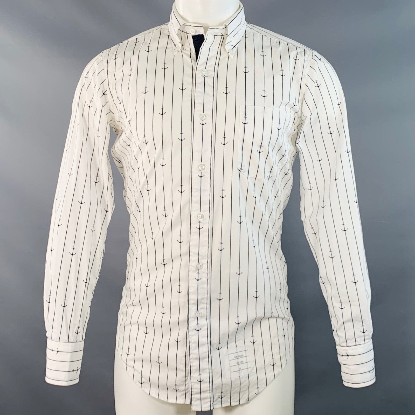 Thom Browne White Navy Nautical Pinstripe Cotton One Pocket Shirt Size US S / EU 44-46 / 1 - 1 Thumbnail