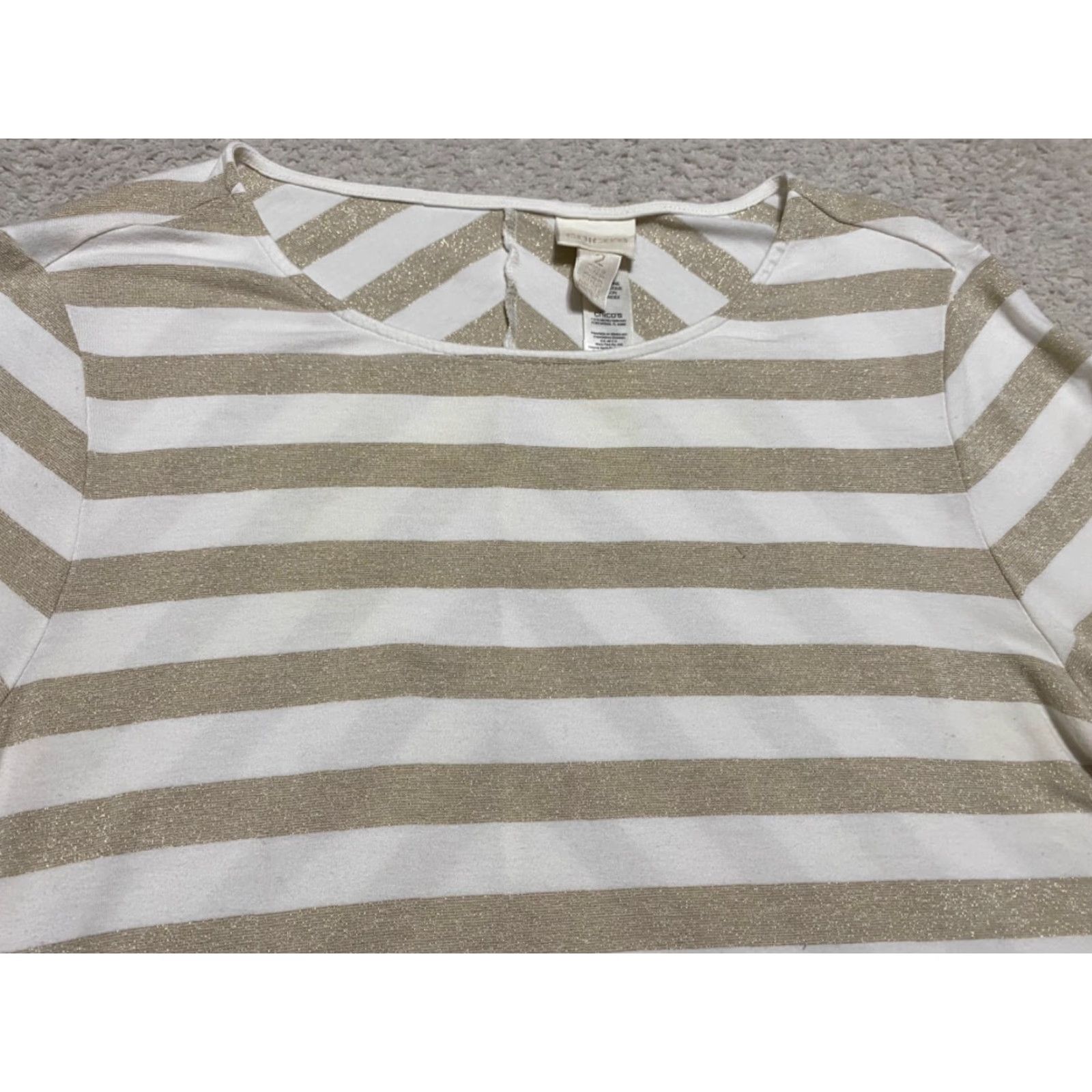 Vintage Chico's Womens Shirt L Brown Striped 3/4 Sleeve Round Neck Rayon Metallic Blouse Size L / US 10 / IT 46 - 3 Thumbnail