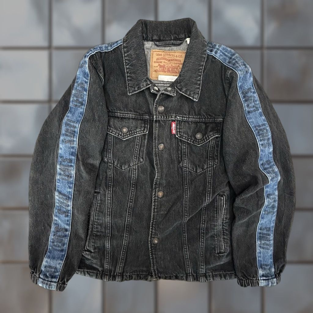 Levi's Premium Hi-Ball JumpShot Coachs Track Trucker Denim Jacket Small Black Men Trucker Denim Jeans Y2K Sports Basketball Drawstring Snap Closure