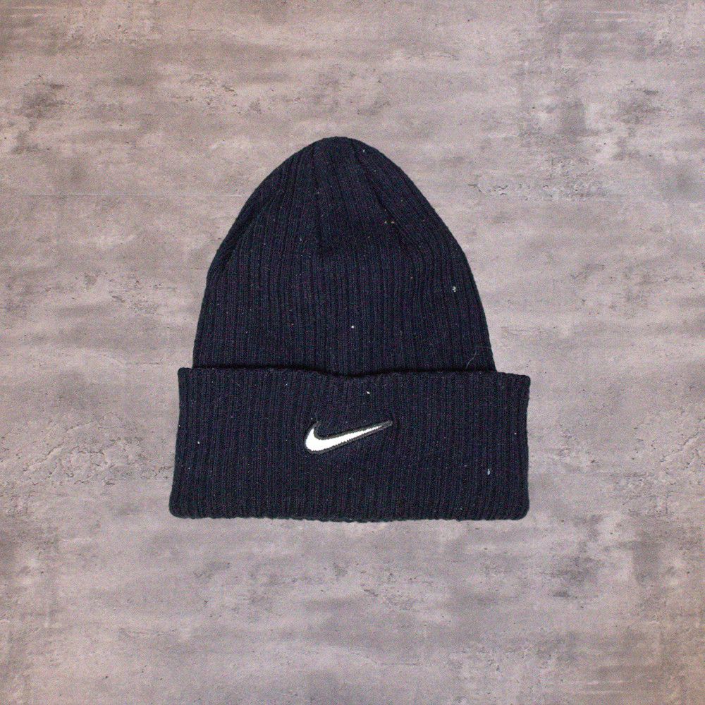 Nike × Vintage Y2K 2000s Nike Stroked Swoosh Navy Black Beanie Size ONE SIZE - 1 Thumbnail