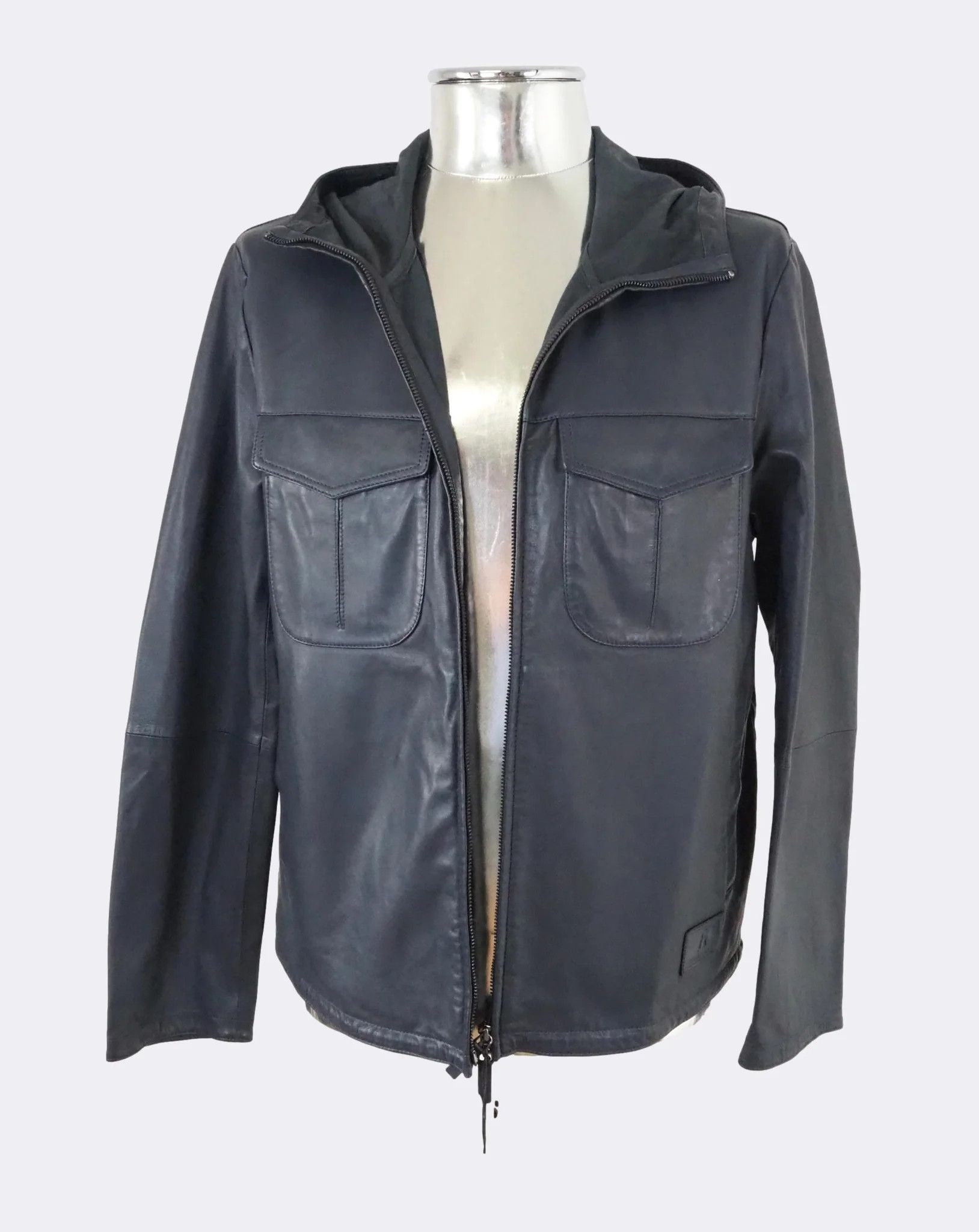 Emporio Armani Dark Blue Hooded Zip-Front Leather Jacket $1175 Size US M / EU 48-50 / 2 - 7 Thumbnail