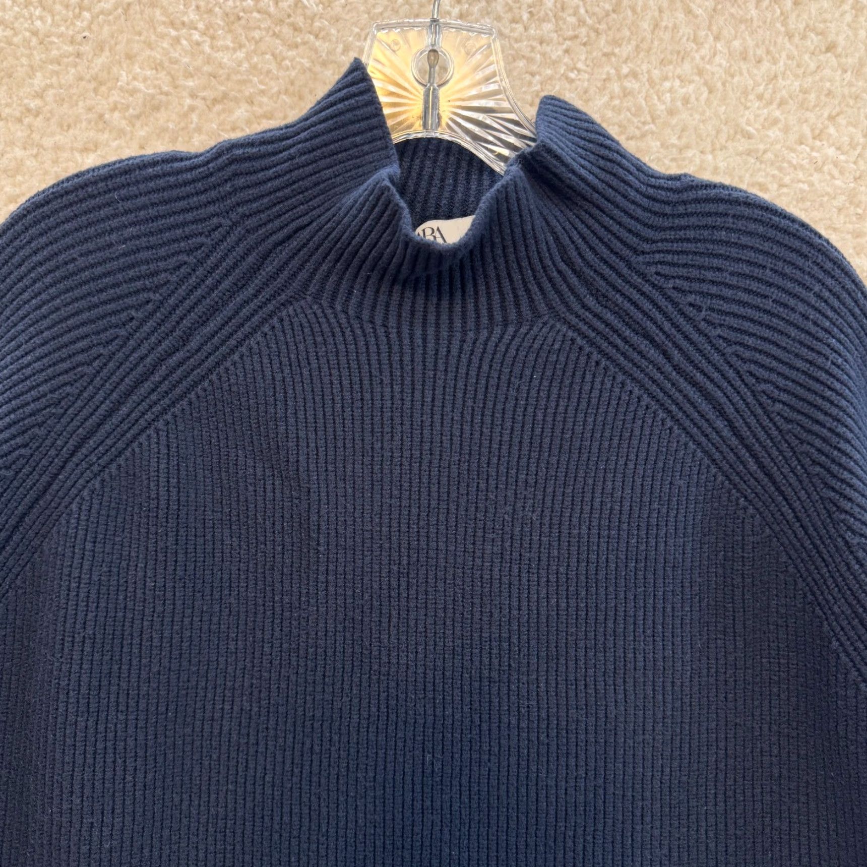 Zara Zara Mock Neck Sweater Large Navy Black Rib Knit Side Slit Balloon Sleeve Modern Women L Blue Pullover Knit Apparel Size L / US 10 / IT 46 - 3 Thumbnail