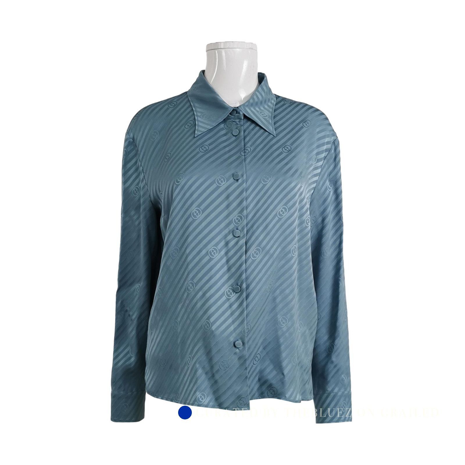 Gucci Elegant Monogram Silk Button-Up Shirt in Blue Size US S / EU 44-46 / 1 - 1 Thumbnail
